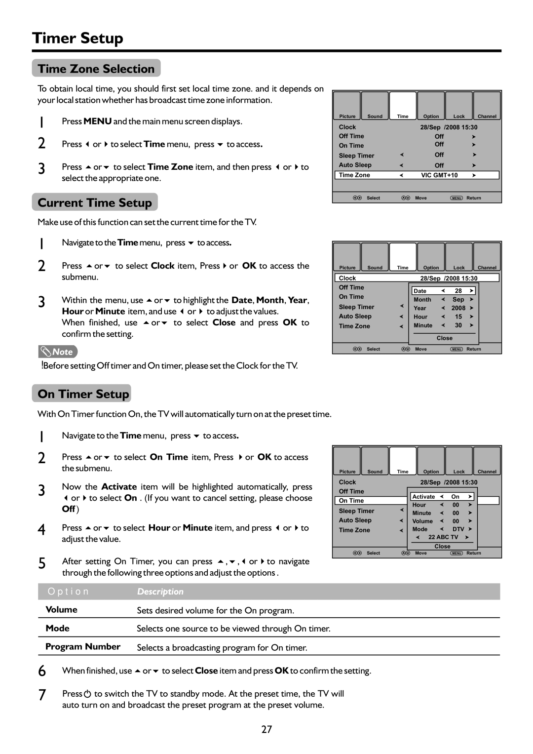 Sanyo LCD-37XR9SDA instruction manual Time Zone Selection, Current Time Setup, On Timer Setup 