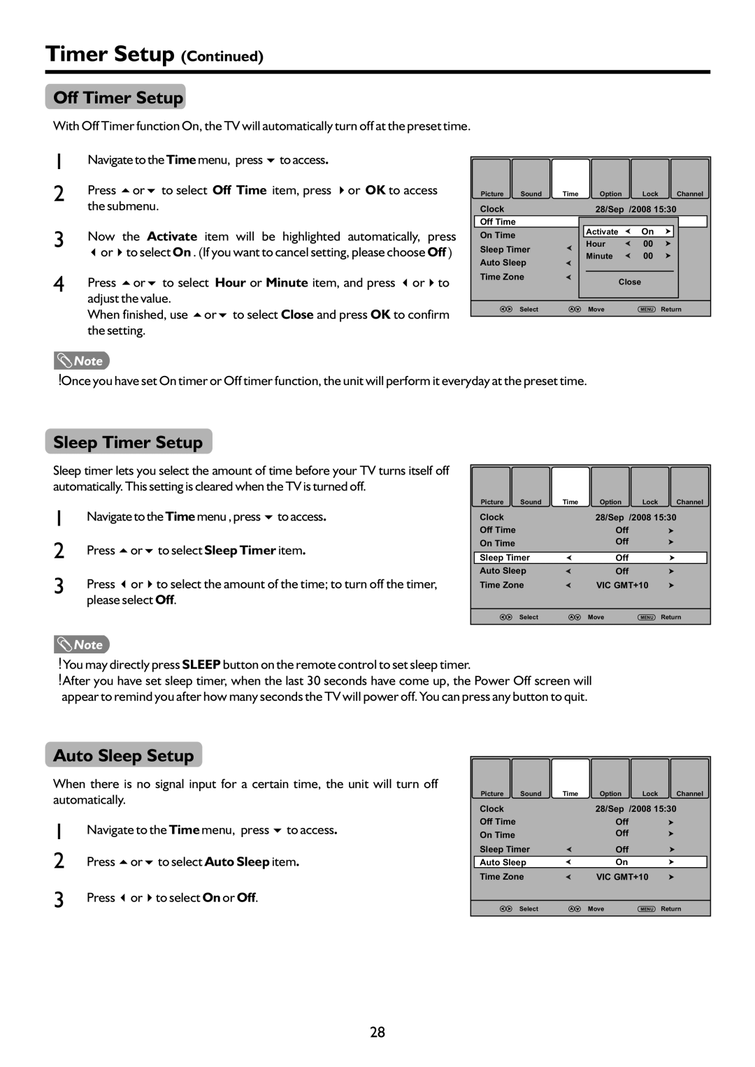 Sanyo LCD-37XR9SDA instruction manual Off Timer Setup, Sleep Timer Setup, Auto Sleep Setup 