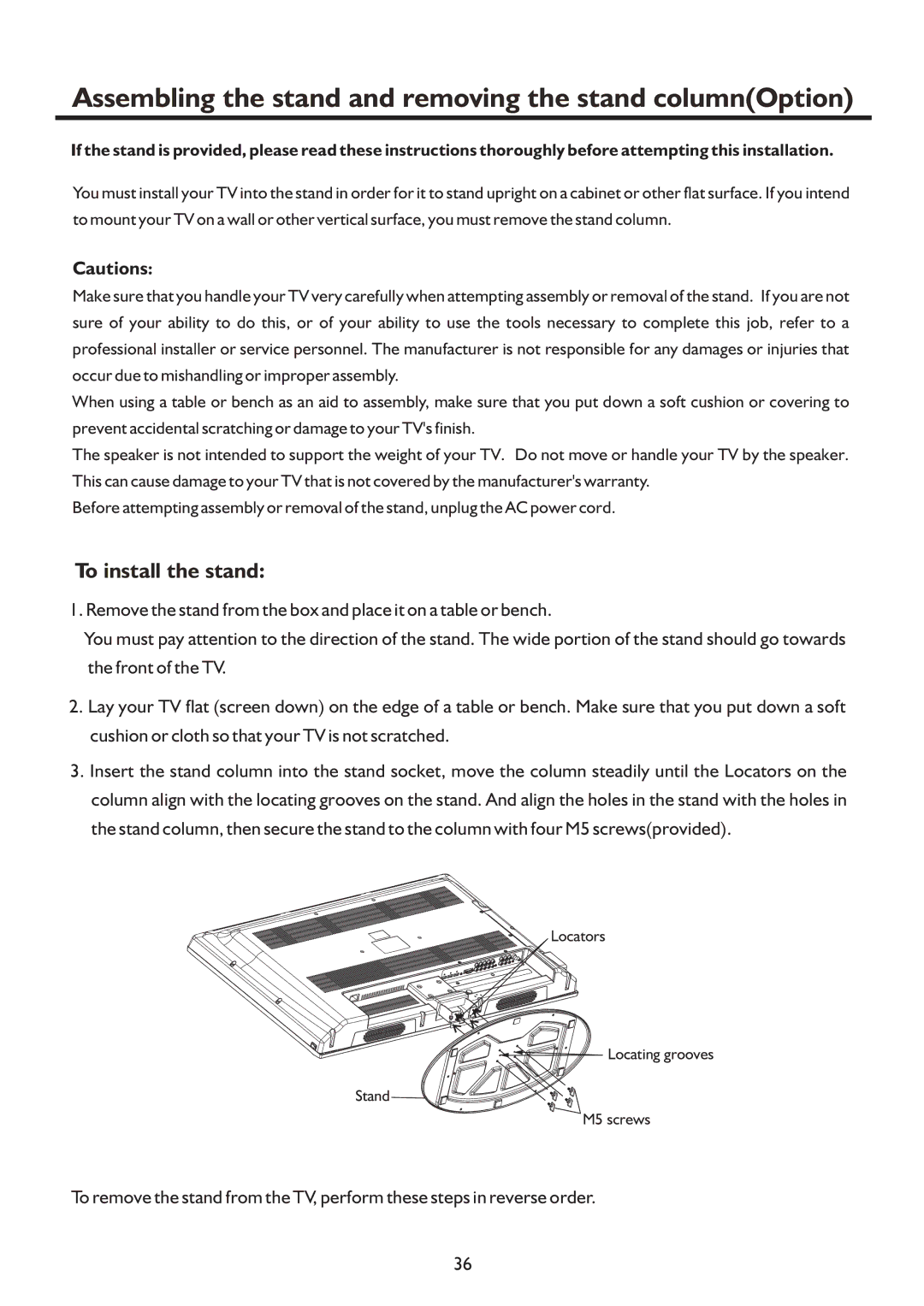 Sanyo LCD-37XR9SDA instruction manual Assembling the stand and removing the stand columnOption, To install the stand 