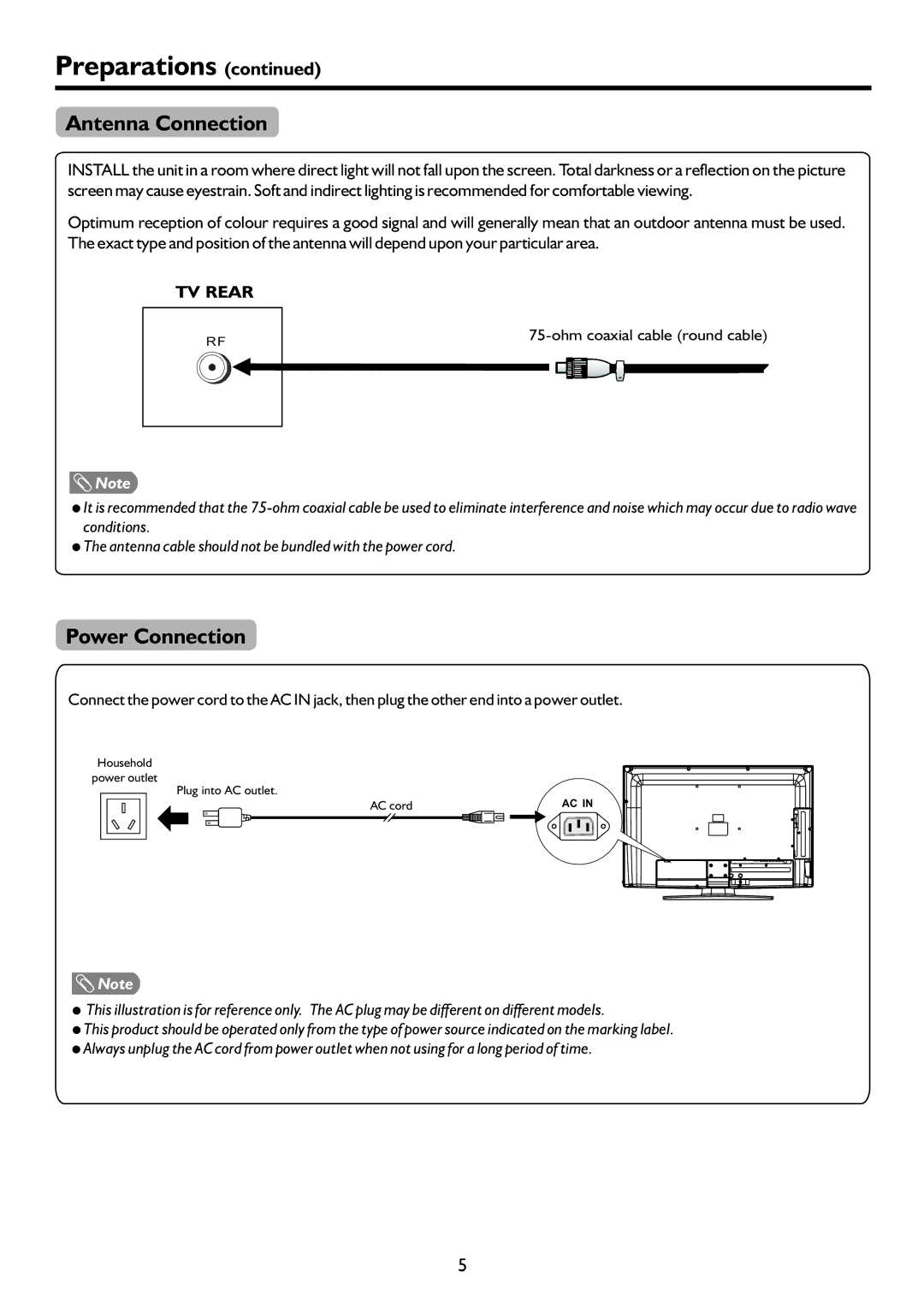 Sanyo LCD-37XR9SDA instruction manual Antenna Connection, Power Connection 