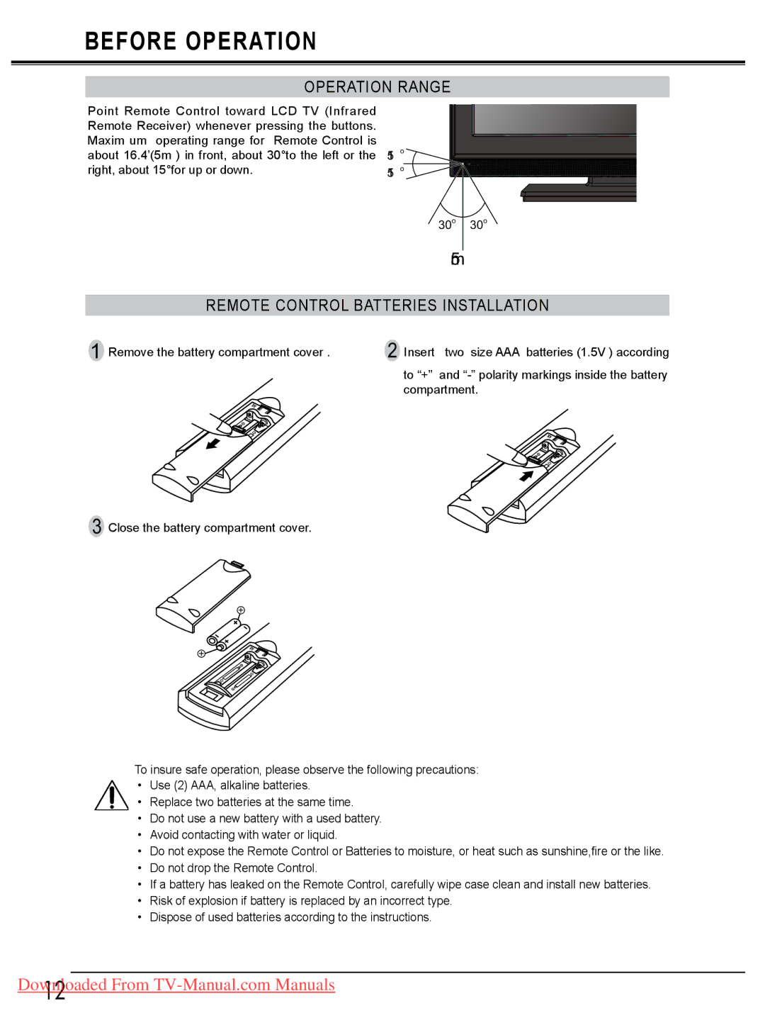 Sanyo LCD-42E30FA, LCD-26E30A, LCD-19E30A, LCD-32E30A owner manual Operation Range, Remote Control Batteries Installation 