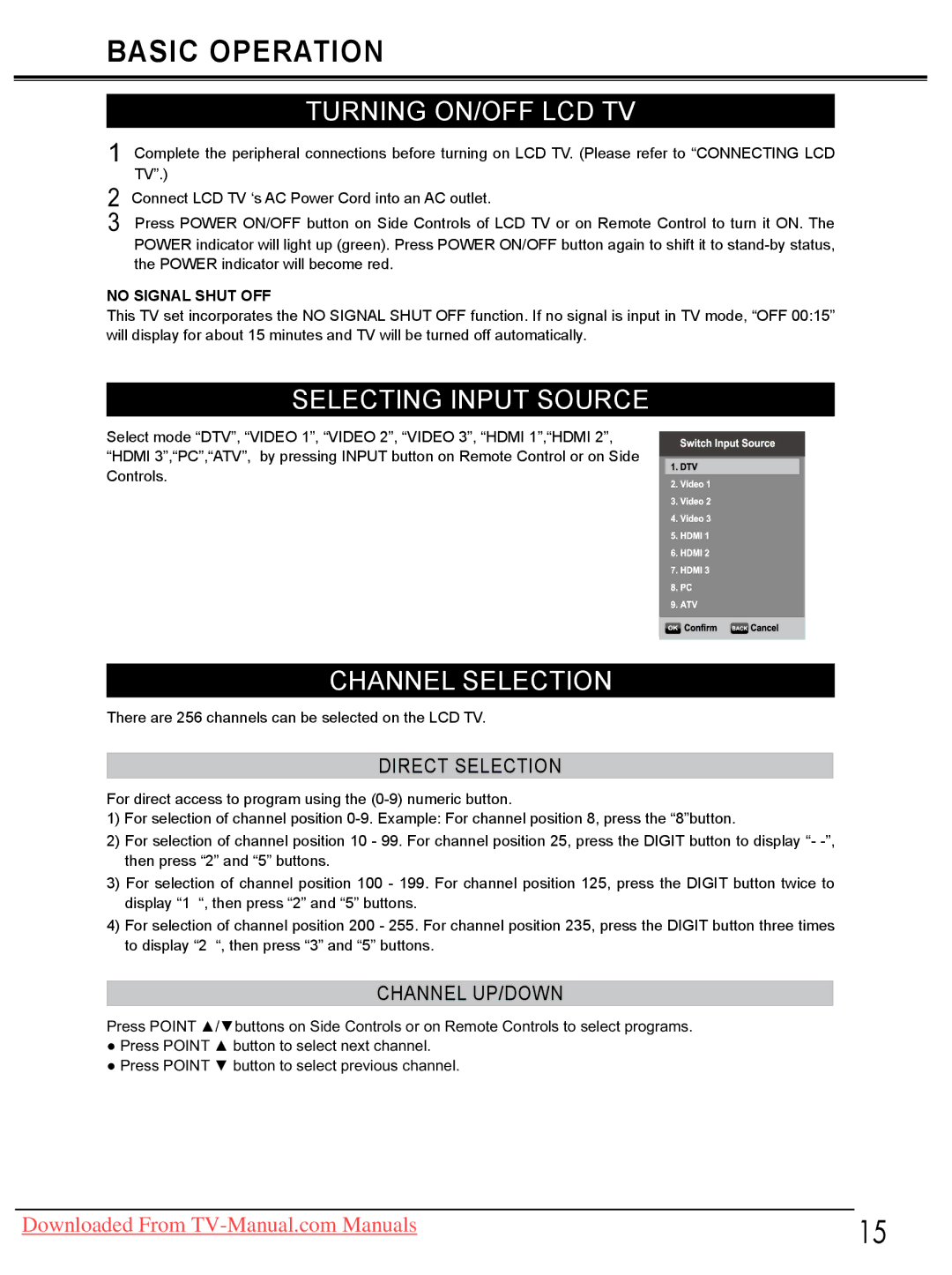 Sanyo LCD-32E30A Turning ON/OFF LCD TV, Selecting Input Source, Channel Selection, Direct Selection, Channel UP/DOWN 