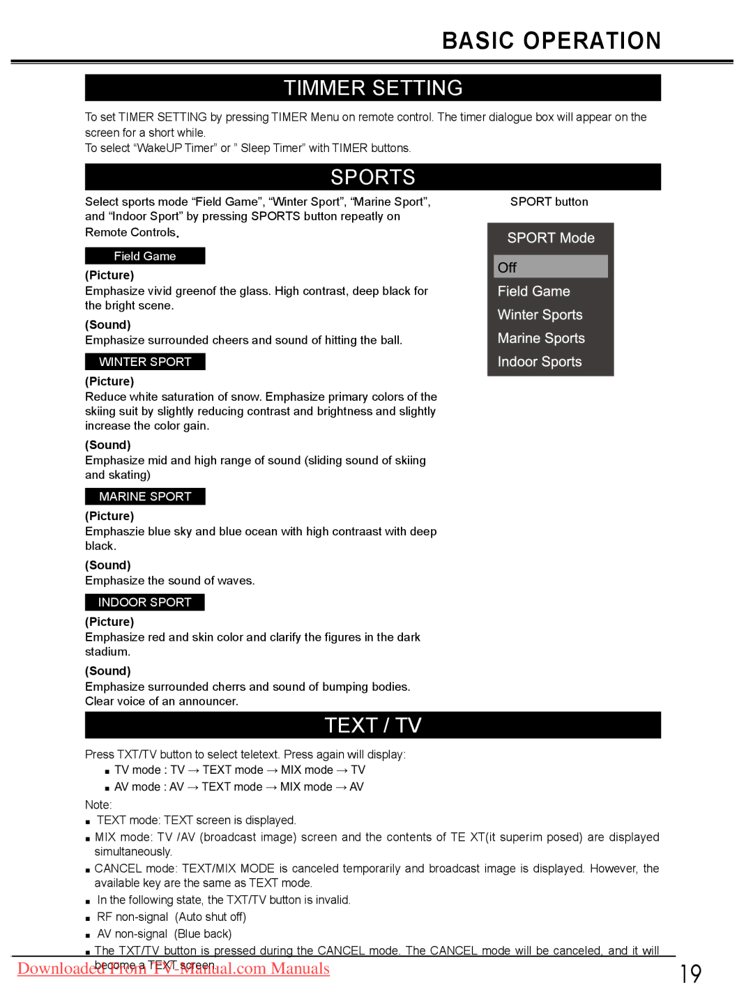 Sanyo LCD-32E30A, LCD-42E30FA, LCD-26E30A, LCD-19E30A owner manual Timmer Setting, Sports, Text / TV, Picture, Sound 