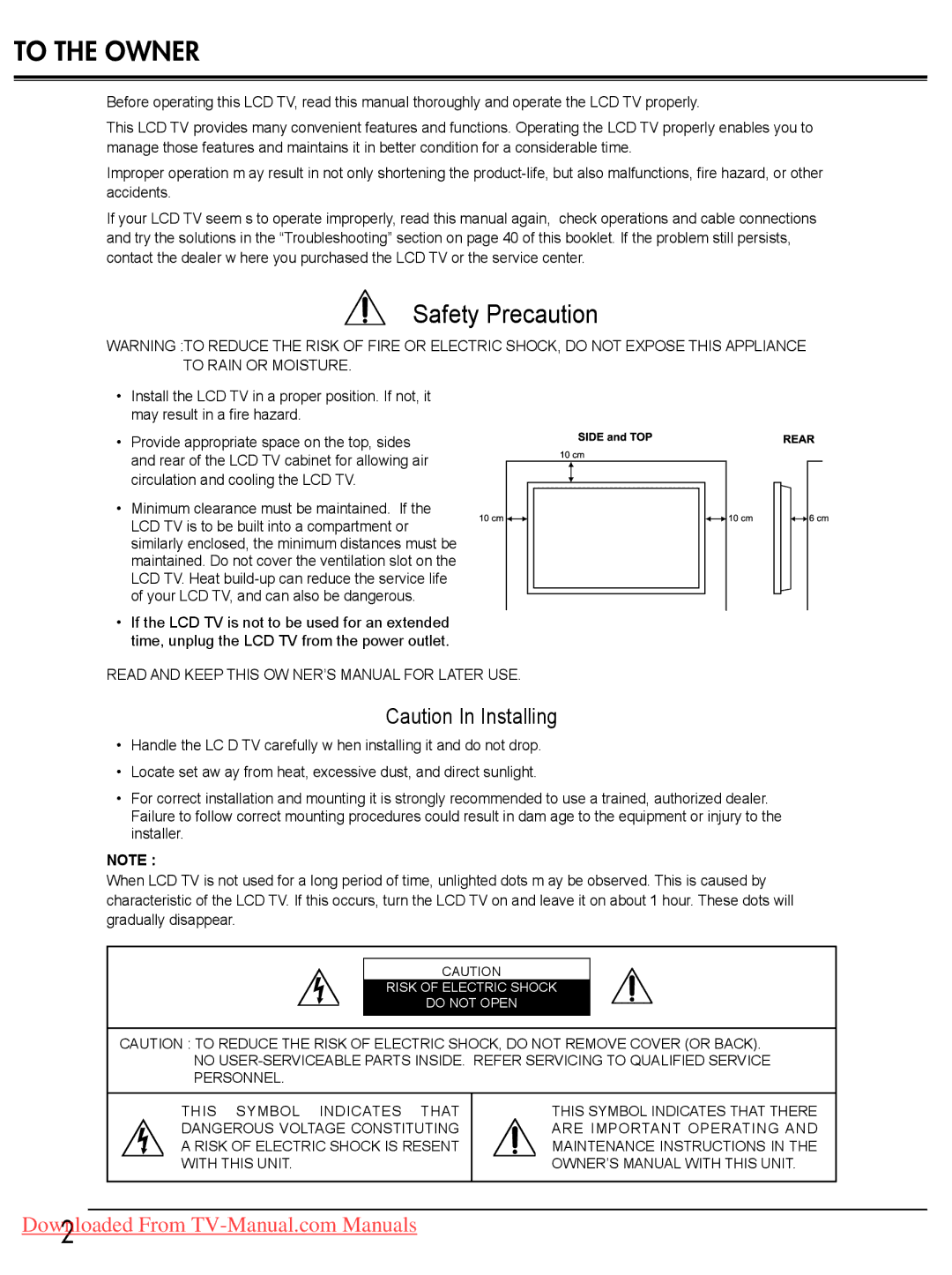 Sanyo LCD-19E30A, LCD-42E30FA, LCD-26E30A, LCD-32E30A To the Owner, Read and Keep this OW NER’S Manual for Later USE 