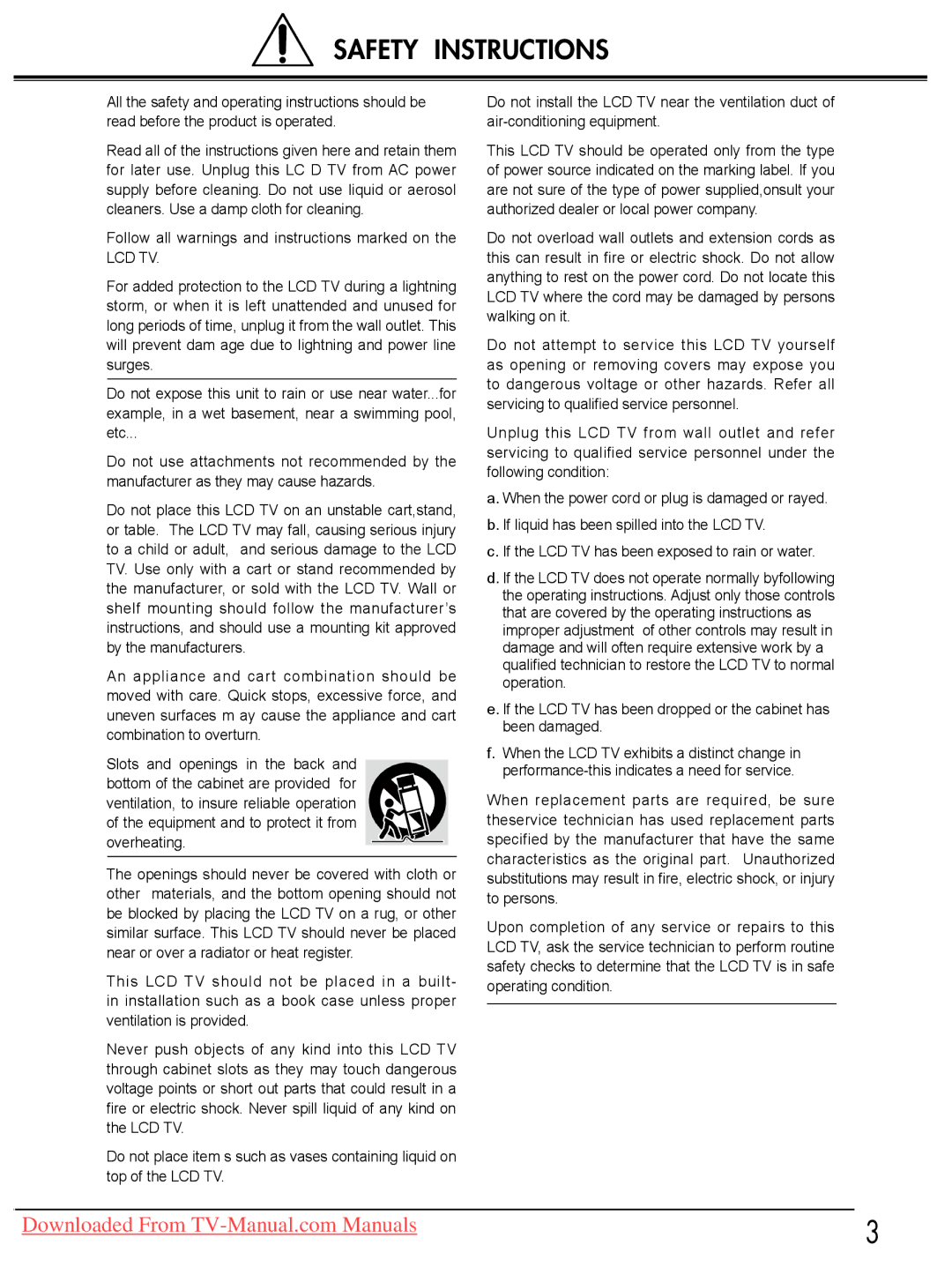 Sanyo LCD-32E30A, LCD-42E30FA, LCD-26E30A, LCD-19E30A owner manual Safety Instructions, Lcd Tv 