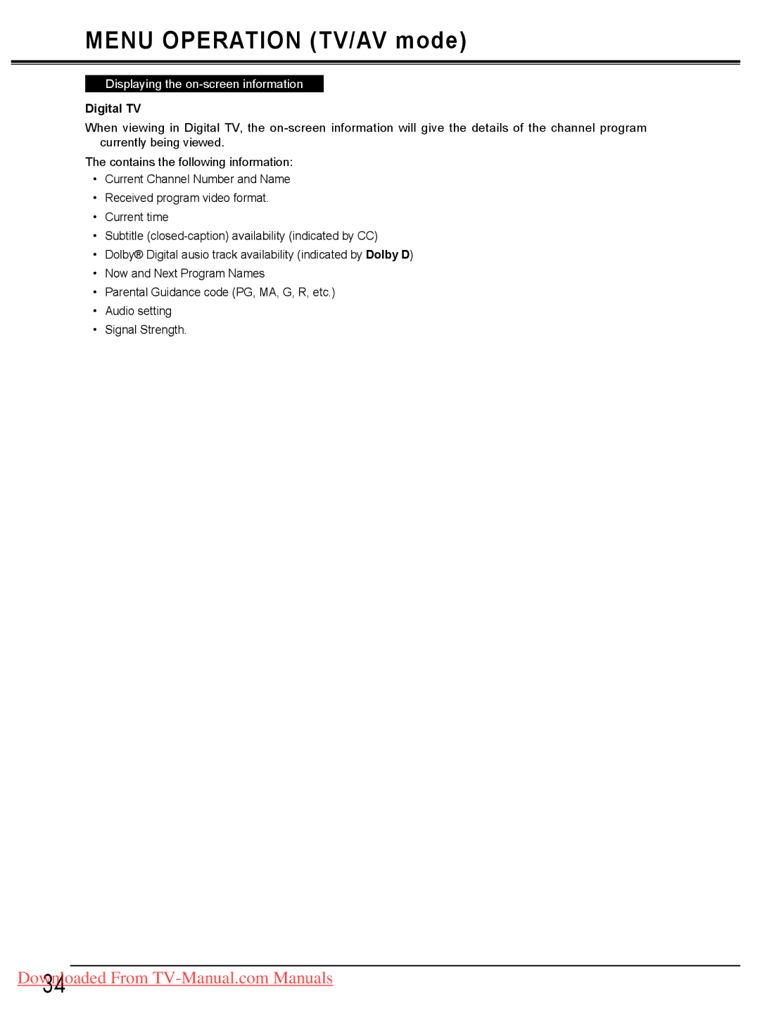 Sanyo LCD-19E30A, LCD-42E30FA, LCD-26E30A, LCD-32E30A owner manual Displaying the on-screen information, Digital TV 