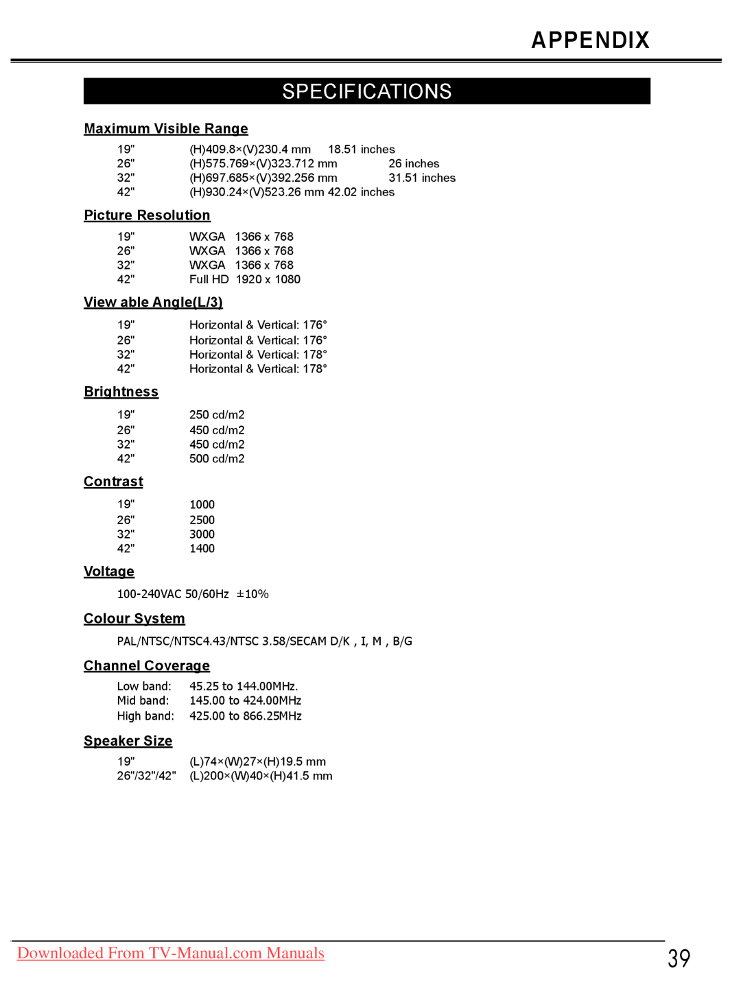 Sanyo LCD-32E30A, LCD-42E30FA, LCD-26E30A, LCD-19E30A Specifications, PAL/NTSC/NTSC4.43/NTSC 3.58/SECAM D/K , I, M , B/G 