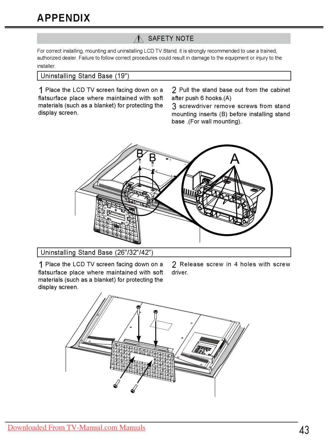 Sanyo LCD-32E30A, LCD-42E30FA, LCD-26E30A, LCD-19E30A owner manual Safety Note, Uninstalling Stand Base 