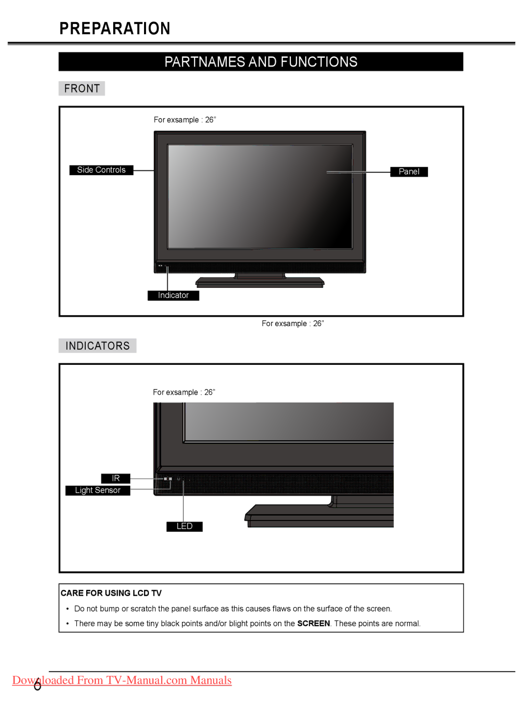 Sanyo LCD-19E30A, LCD-42E30FA Partnames and Functions, Front, Indicators, Side Controls Panel Indicator, Light Sensor 