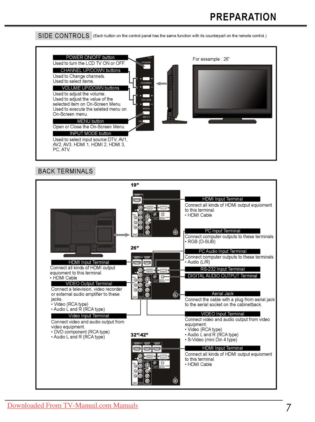 Sanyo LCD-32E30A, LCD-42E30FA, LCD-26E30A, LCD-19E30A owner manual Back Terminals, 32/42, Rgb D-Sub 