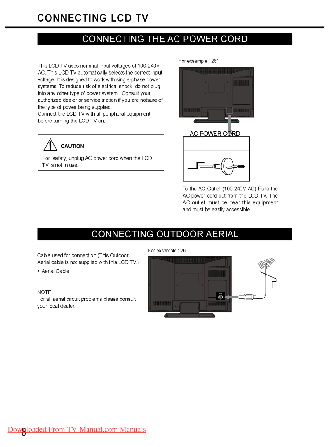 Sanyo LCD-42E30FA, LCD-26E30A, LCD-19E30A, LCD-32E30A owner manual Connecting the AC Power Cord, Connecting Outdoor Aerial 