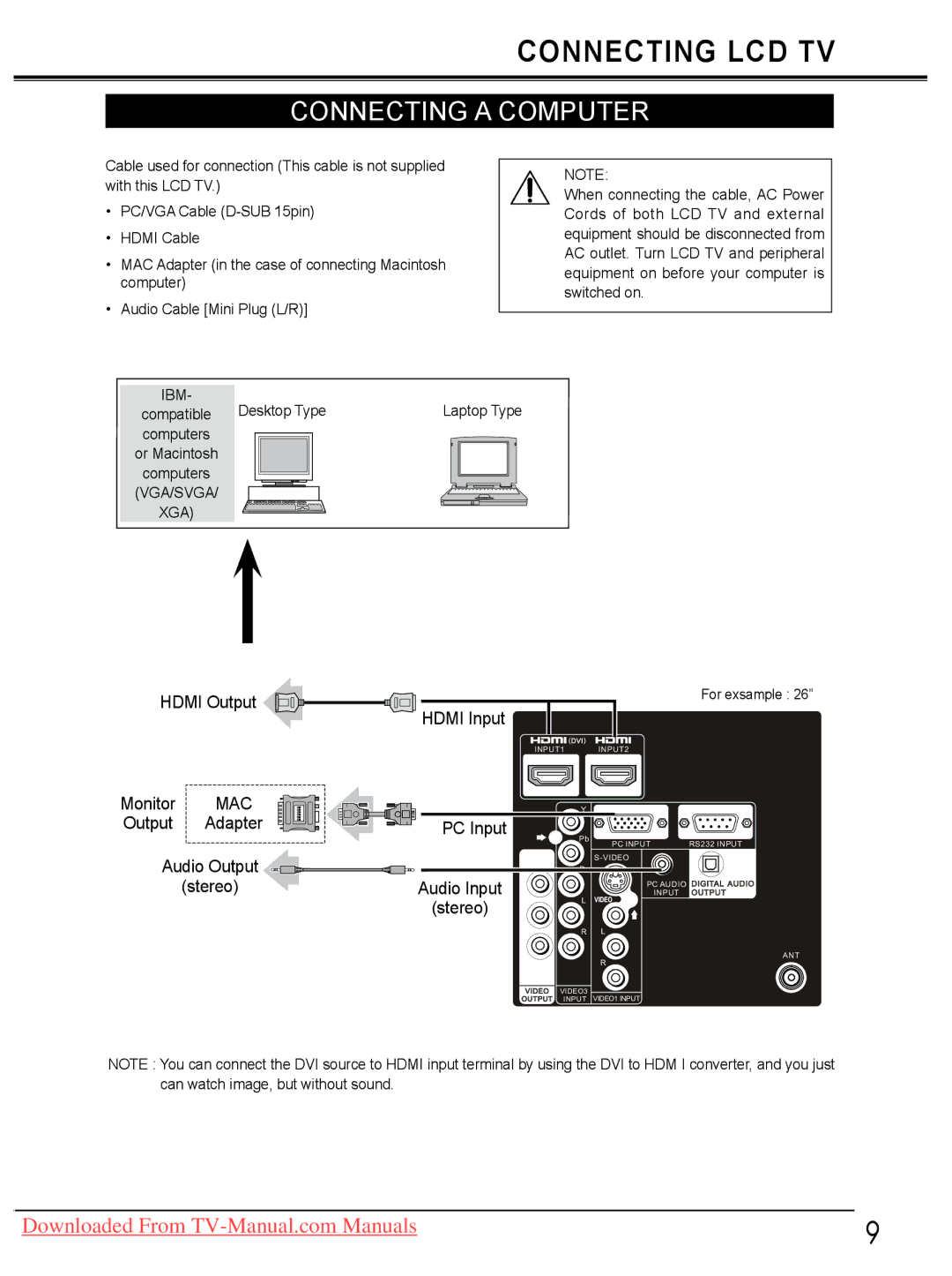 Sanyo LCD-26E30A, LCD-42E30FA, LCD-19E30A, LCD-32E30A owner manual Connecting a Computer, Xga, Audio Input 