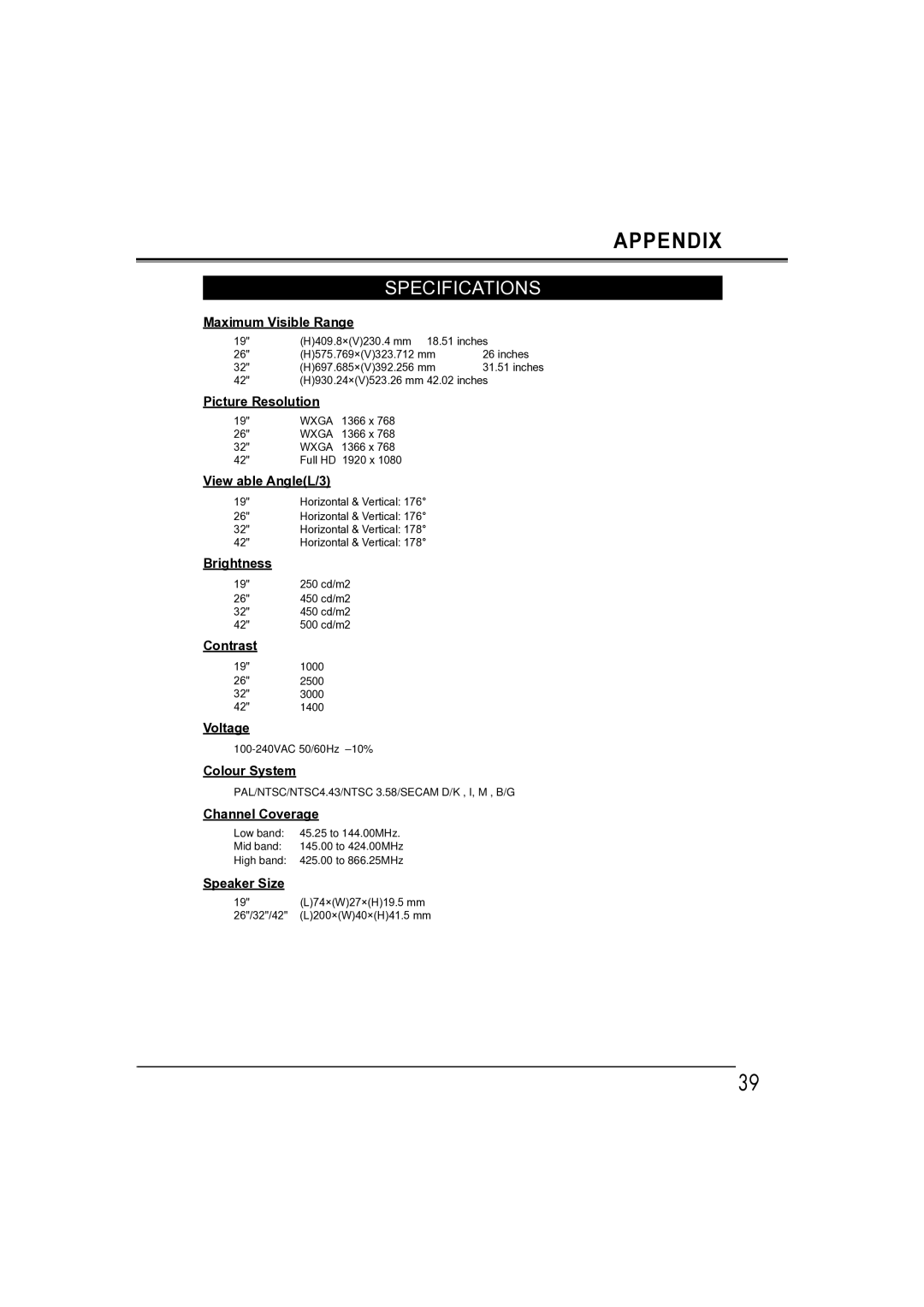 Sanyo LCD-32E30A, LCD-42E30FA, LCD-26E30A, LCD-19E30A Specifications, PAL/NTSC/NTSC4.43/NTSC 3.58/SECAM D/K , I, M , B/G 