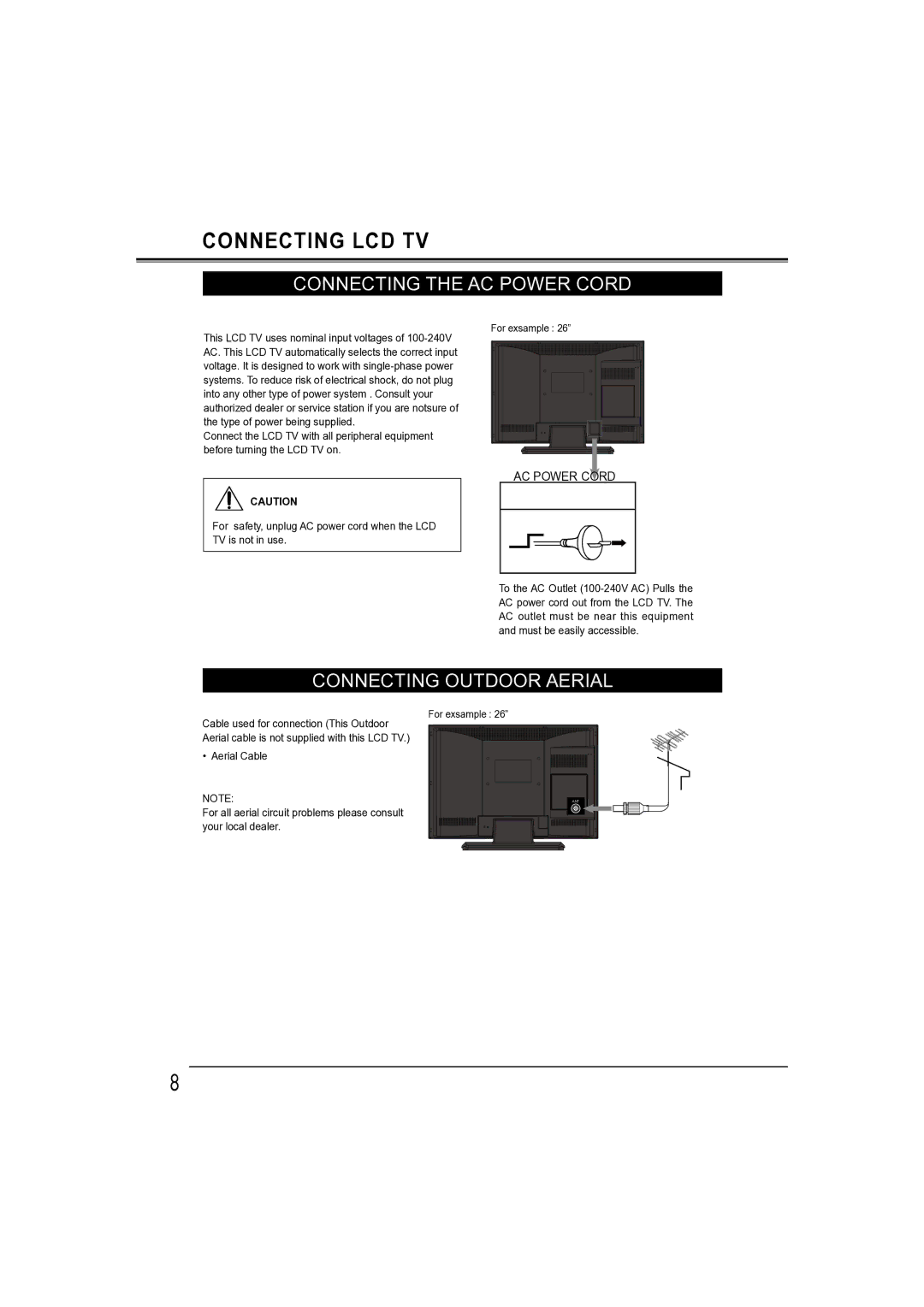 Sanyo LCD-42E30FA, LCD-26E30A, LCD-19E30A, LCD-32E30A owner manual Connecting the AC Power Cord, Connecting Outdoor Aerial 