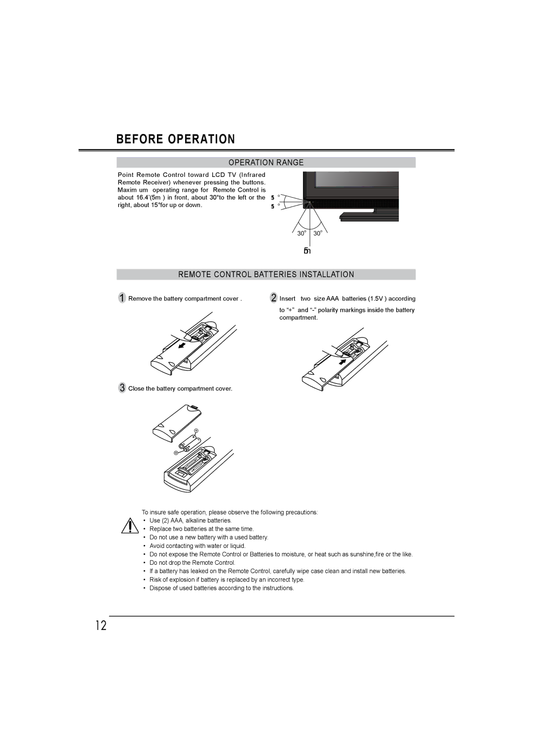 Sanyo LCD-42E30FA, LCD-26E30A, LCD-19E30A, LCD-32E30A owner manual Operation Range, Remote Control Batteries Installation 