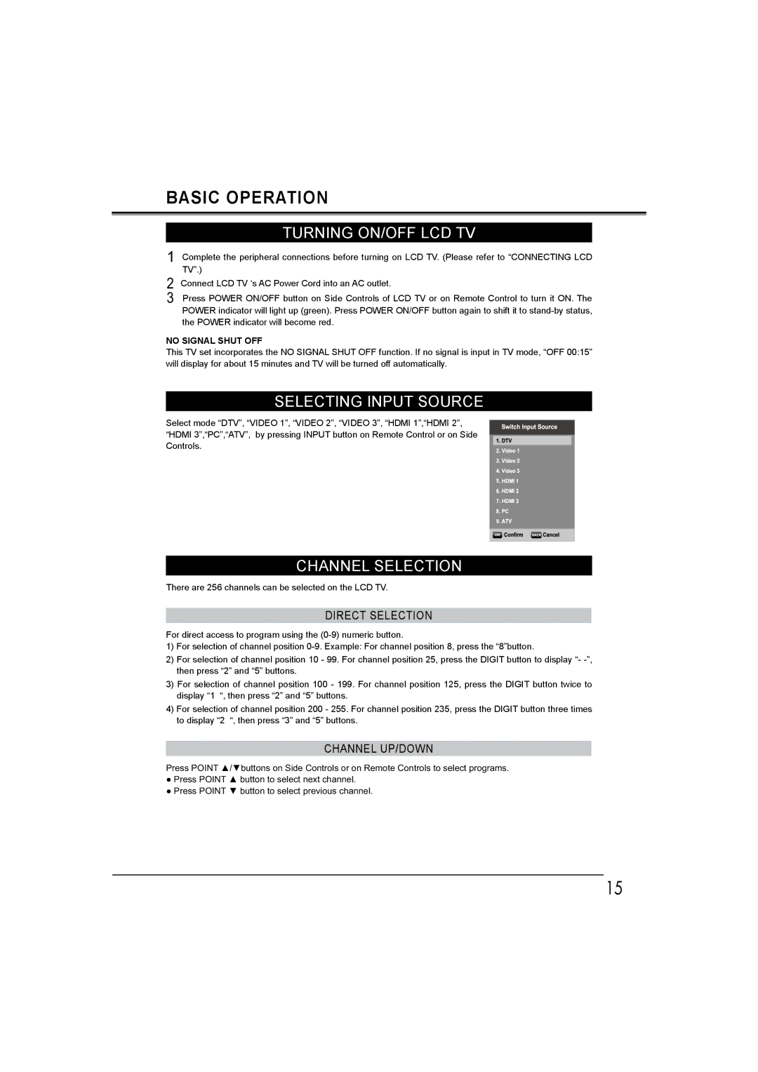 Sanyo LCD-32E30A Turning ON/OFF LCD TV, Selecting Input Source, Channel Selection, Direct Selection, Channel UP/DOWN 