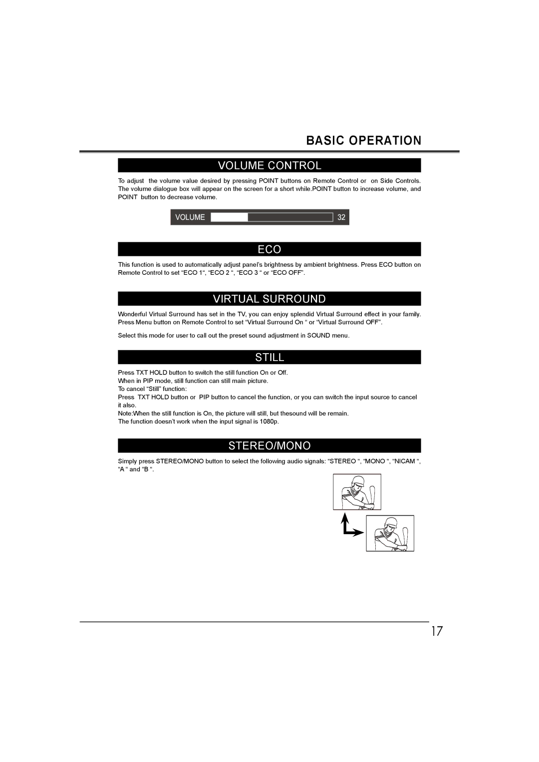 Sanyo LCD-26E30A, LCD-42E30FA, LCD-19E30A, LCD-32E30A owner manual Volume Control, Eco, Virtual Surround, Still, Stereo/Mono 