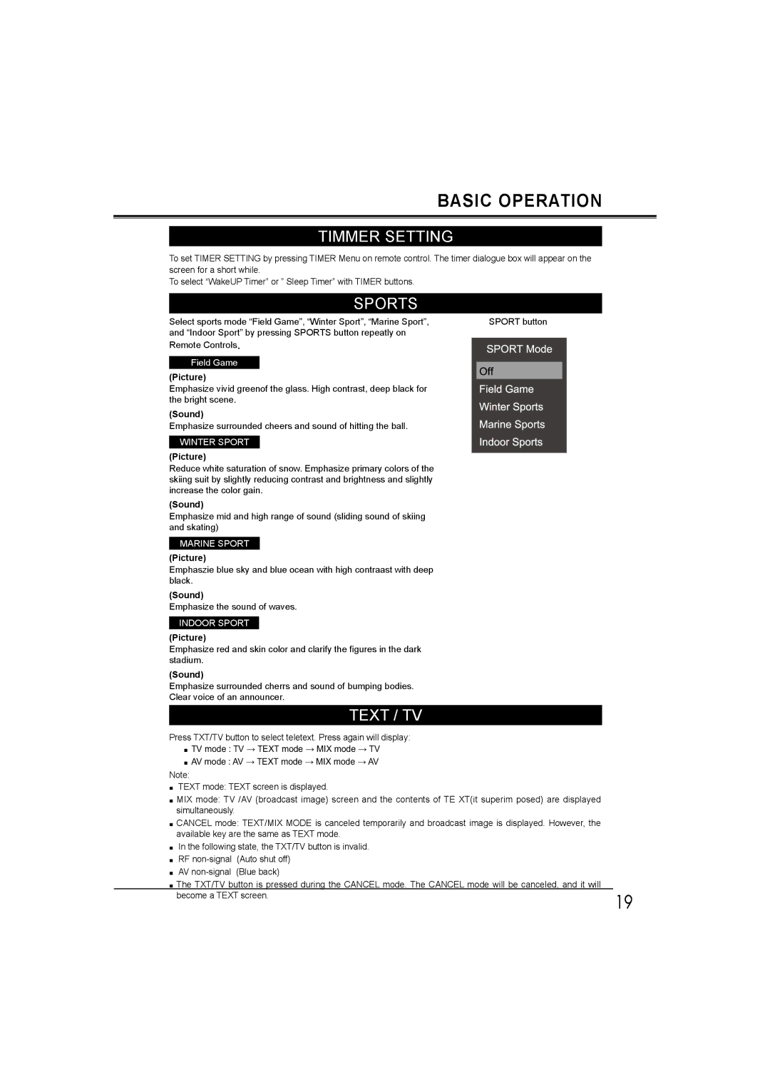 Sanyo LCD-32E30A, LCD-42E30FA, LCD-26E30A, LCD-19E30A owner manual Timmer Setting, Sports, Text / TV, Picture, Sound 