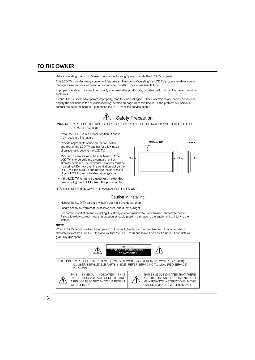 Sanyo LCD-19E30A, LCD-42E30FA, LCD-26E30A, LCD-32E30A To the Owner, Read and Keep this OW NER’S Manual for Later USE 