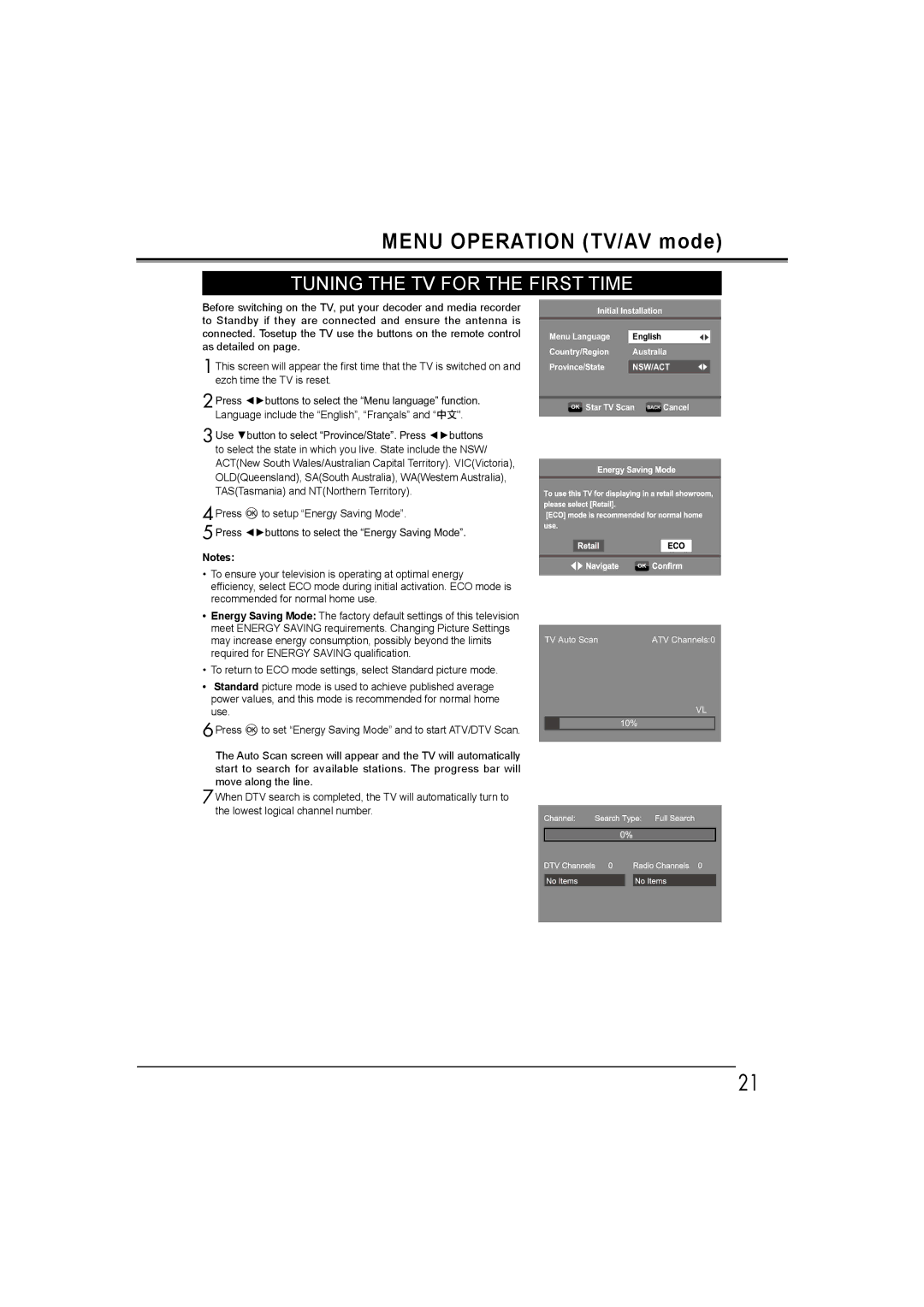 Sanyo LCD-26E30A, LCD-42E30FA, LCD-19E30A, LCD-32E30A owner manual Menu Operation TV/AV mode, Tuning the TV for the First Time 