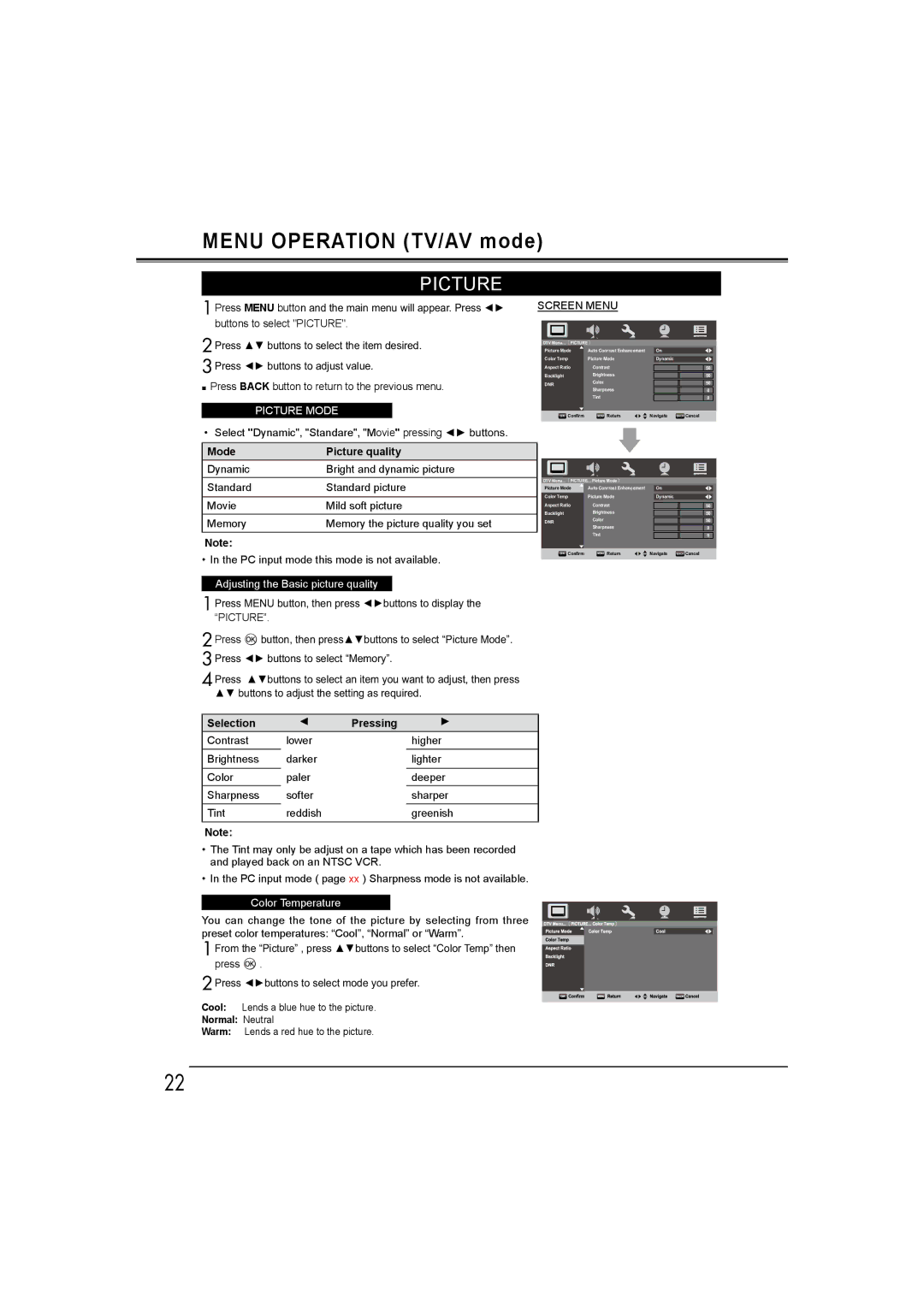 Sanyo LCD-19E30A, LCD-42E30FA, LCD-26E30A, LCD-32E30A owner manual Mode Picture quality, Selection, Normal Neutral 