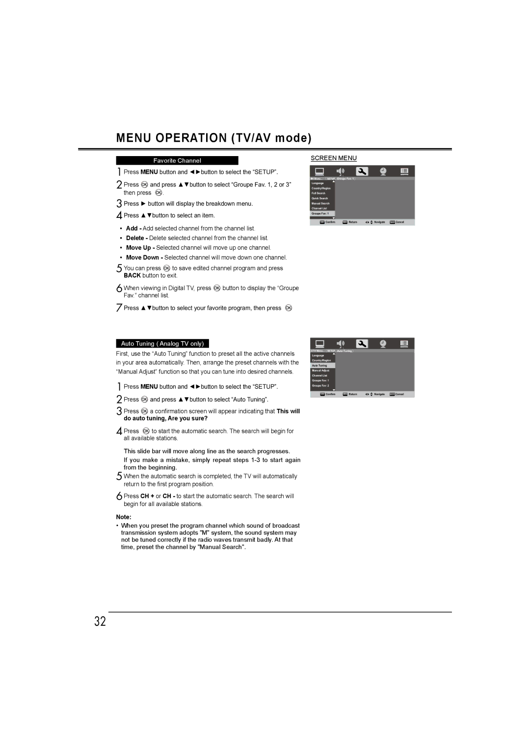 Sanyo LCD-42E30FA, LCD-26E30A, LCD-19E30A, LCD-32E30A owner manual Favorite Channel, Auto Tuning Analog TV only 