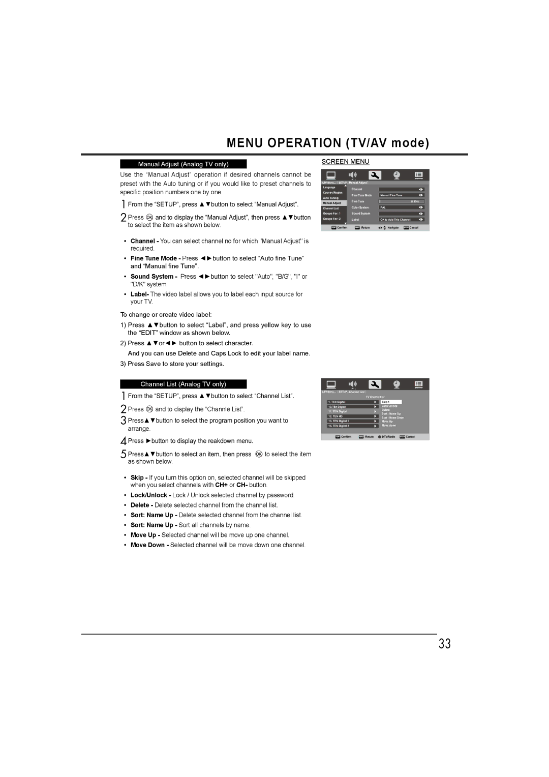 Sanyo LCD-26E30A, LCD-42E30FA, LCD-19E30A Manual Adjust Analog TV only, 3UHVVŹEXWWRQWRGLVSOD\WKHUHDNGRZQPHQX 