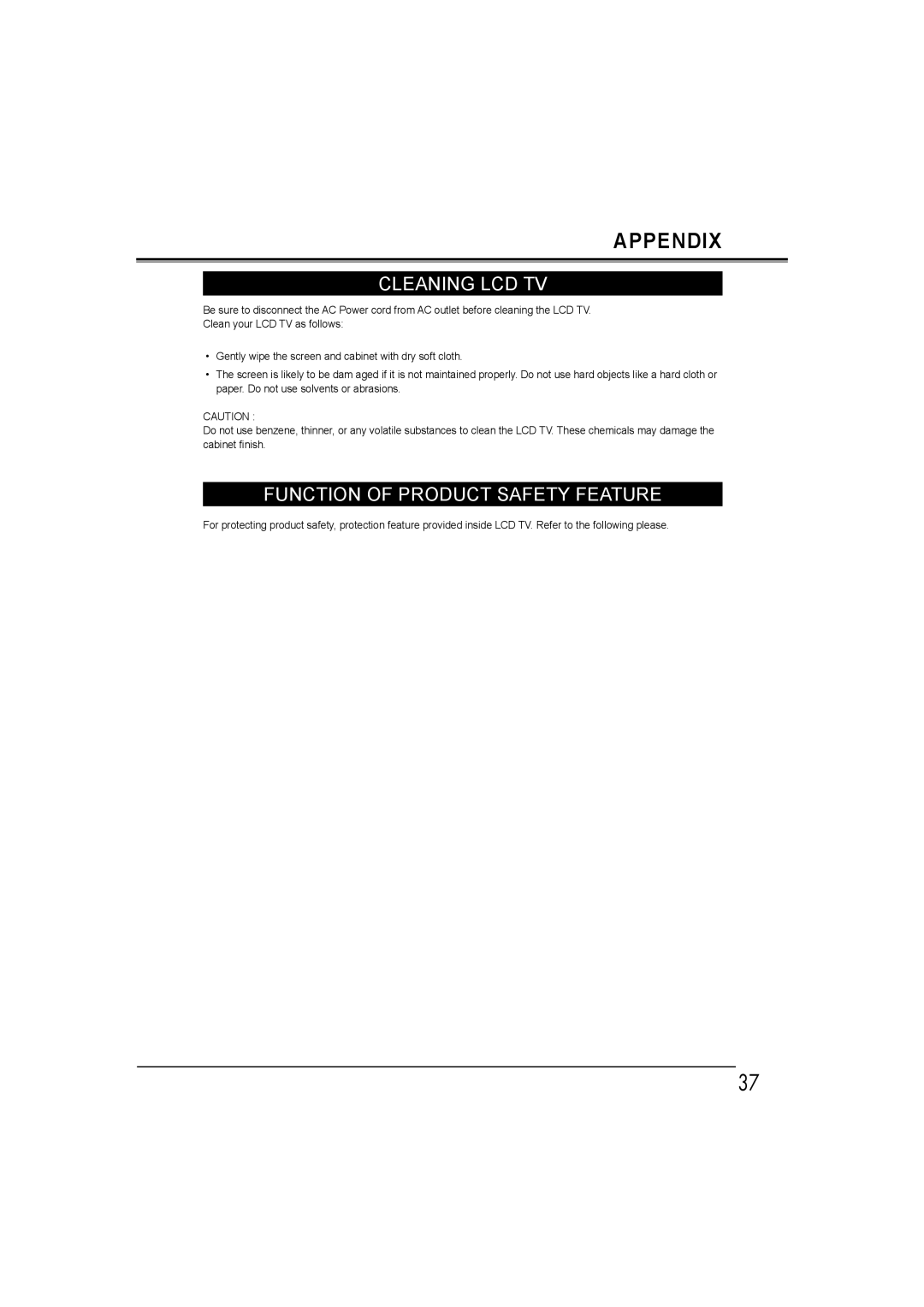 Sanyo LCD-26E30A, LCD-42E30FA, LCD-19E30A, LCD-32E30A owner manual Cleaning LCD TV, Function of Product Safety Feature 