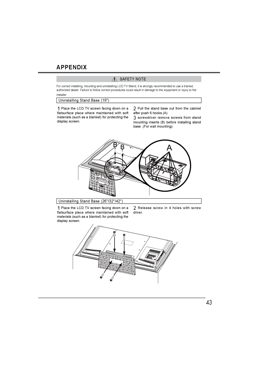 Sanyo LCD-32E30A, LCD-42E30FA, LCD-26E30A, LCD-19E30A owner manual Safety Note, Uninstalling Stand Base 