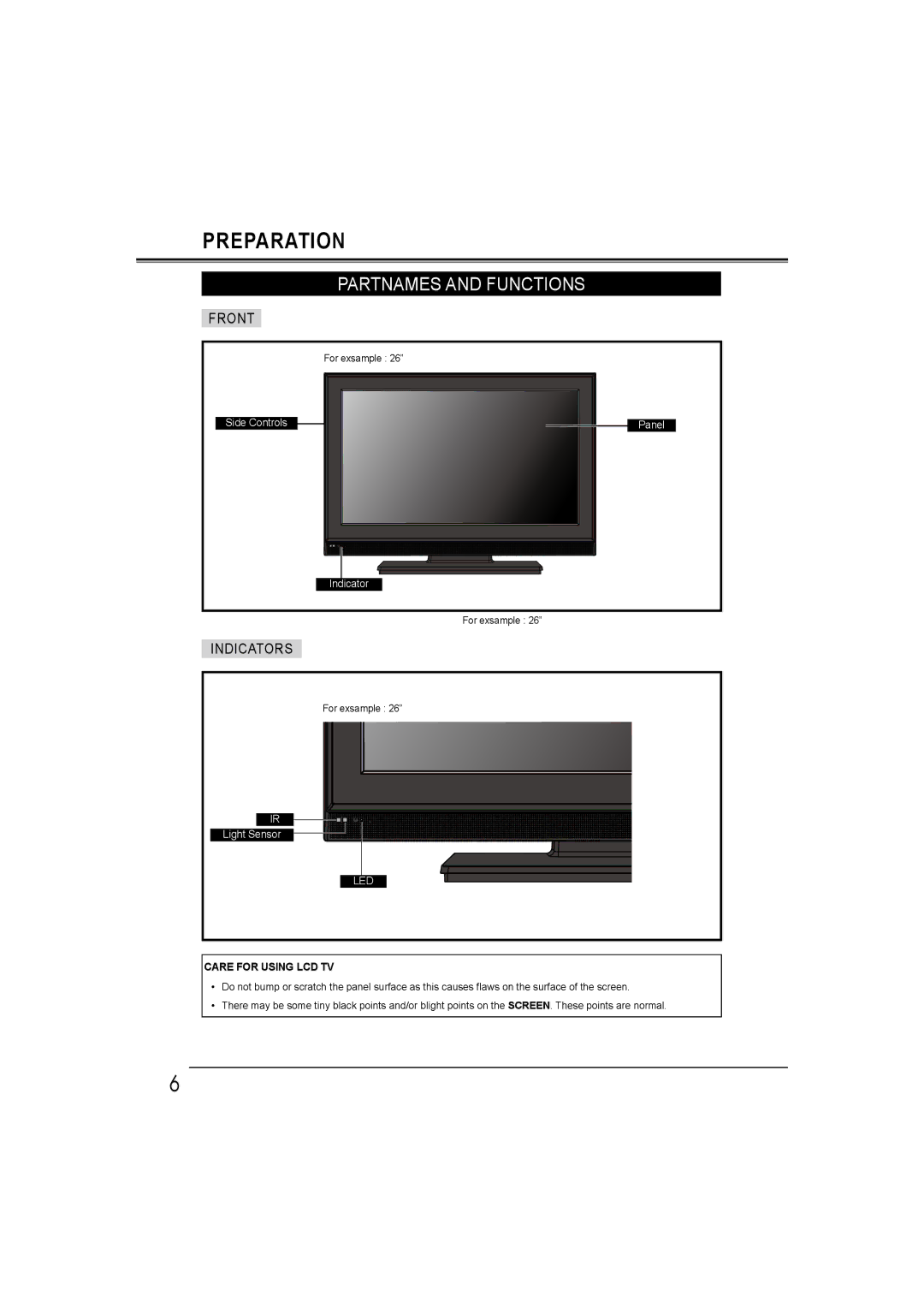 Sanyo LCD-19E30A, LCD-42E30FA Partnames and Functions, Front, Indicators, Side Controls Panel Indicator, Light Sensor 