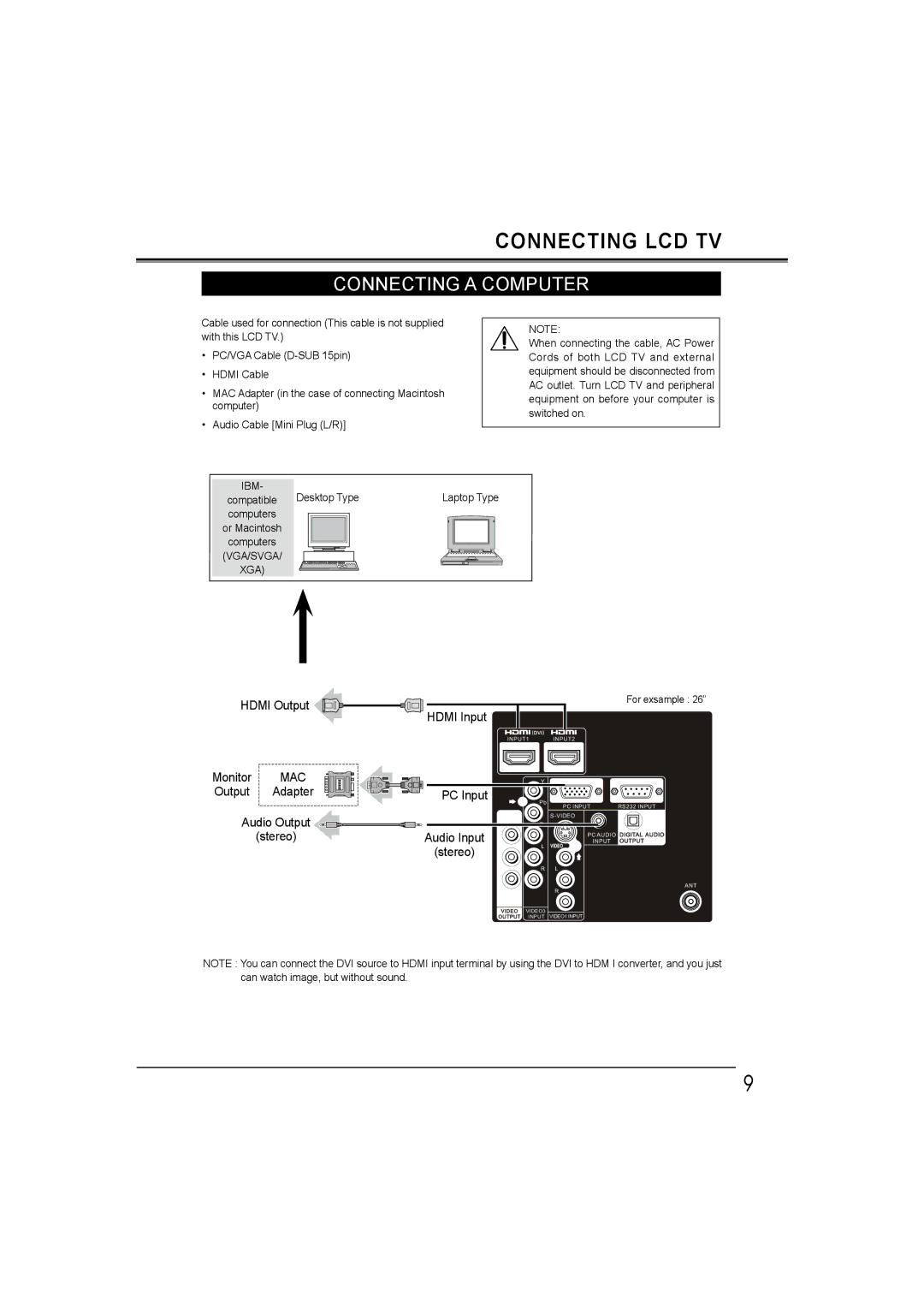 Sanyo LCD-26E30A, LCD-42E30FA, LCD-19E30A, LCD-32E30A owner manual Connecting a Computer, Xga, Audio Input 