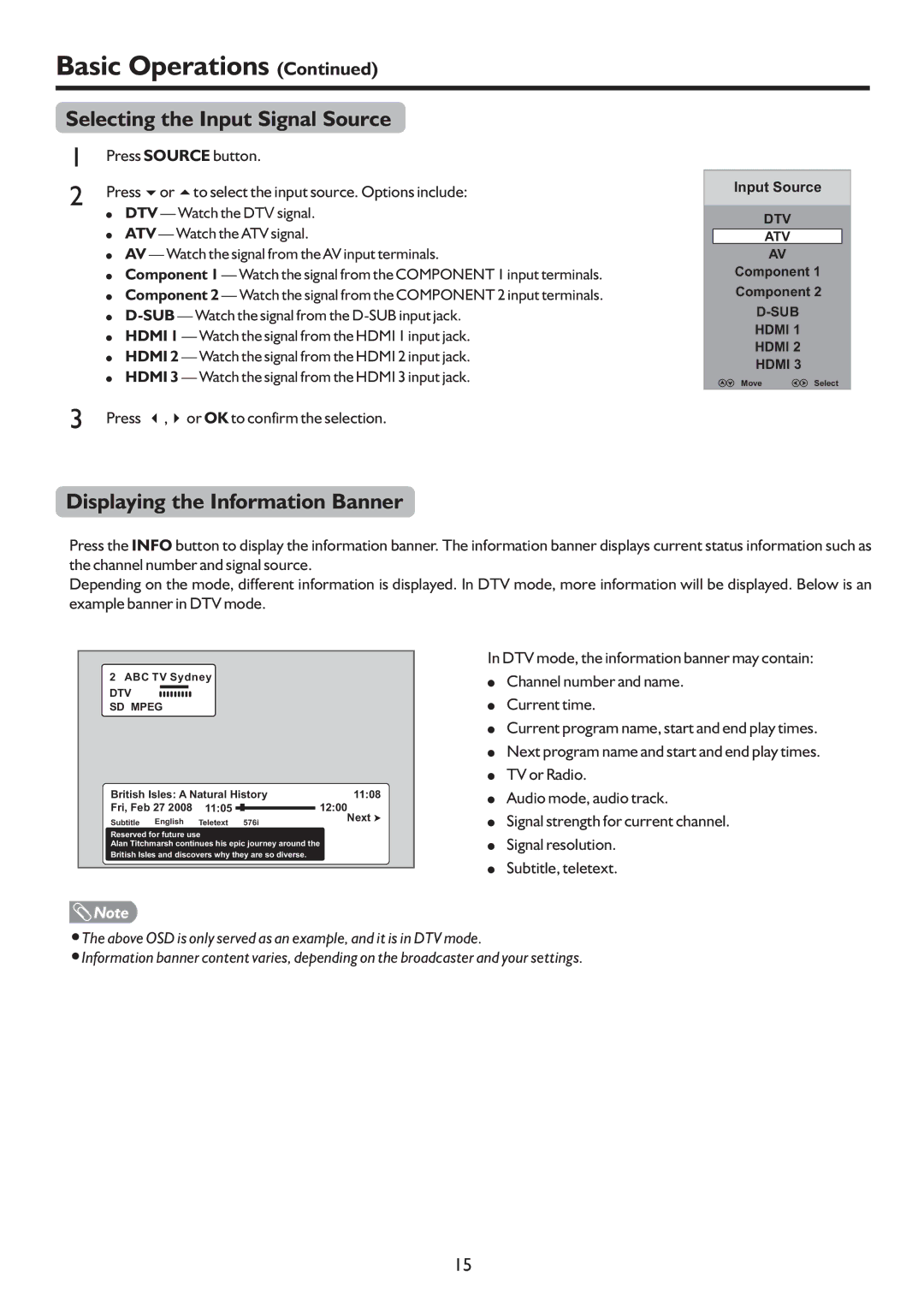 Sanyo LCD-42XR9DA instruction manual Selecting the Input Signal Source, Displaying the Information Banner 