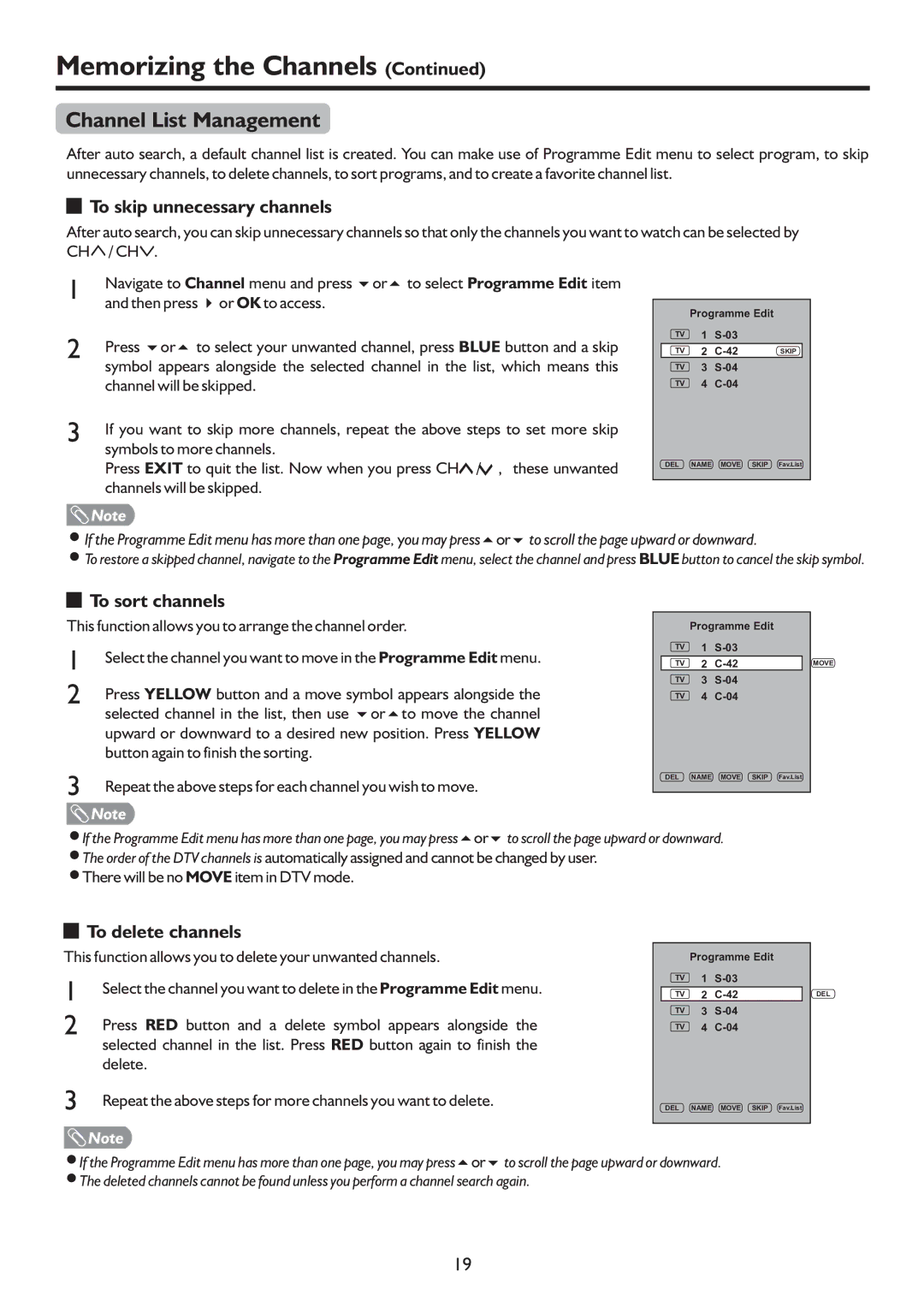 Sanyo LCD-42XR9DA Channel List Management, To skip unnecessary channels, To sort channels, To delete channels 