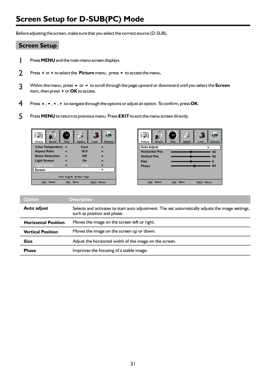 Sanyo LCD-42XR9DA instruction manual Screen Setup for D-SUBPC Mode, Auto adjust, Such as position and phase 