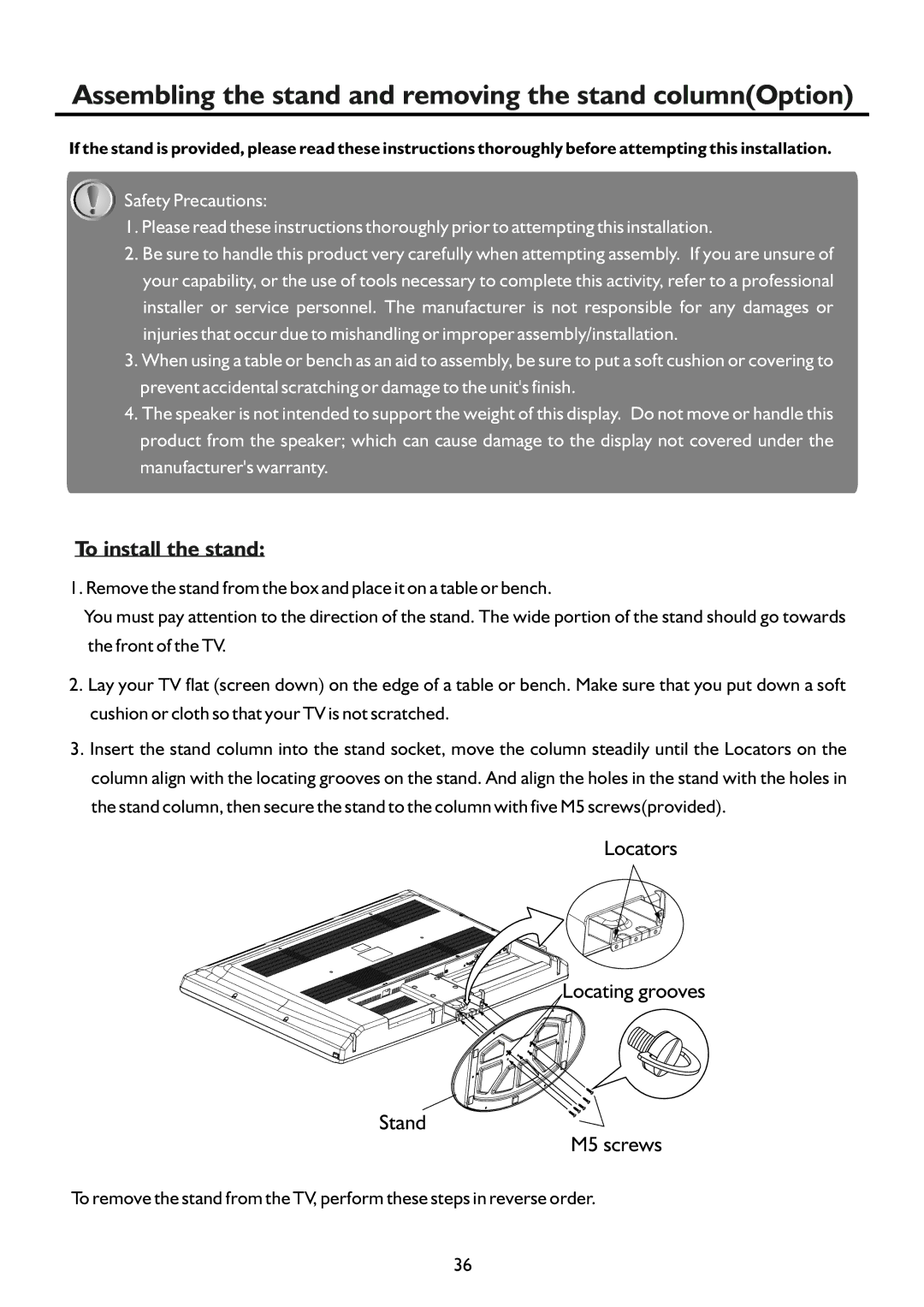 Sanyo LCD-42XR9DA instruction manual Assembling the stand and removing the stand columnOption, To install the stand 