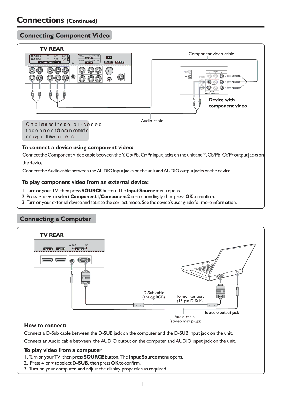 Sanyo LCD-47XR8DA Connecting Component Video, Connecting a Computer, To connect a device using component video 