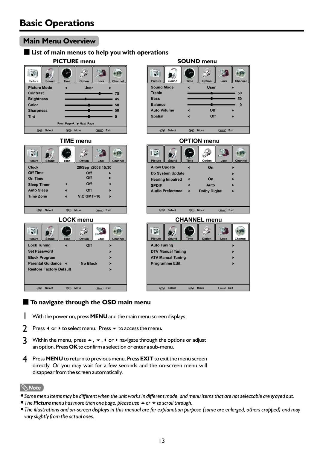 Sanyo LCD-47XR8DA instruction manual Basic Operations, Main Menu Overview, List of main menus to help you with operations 