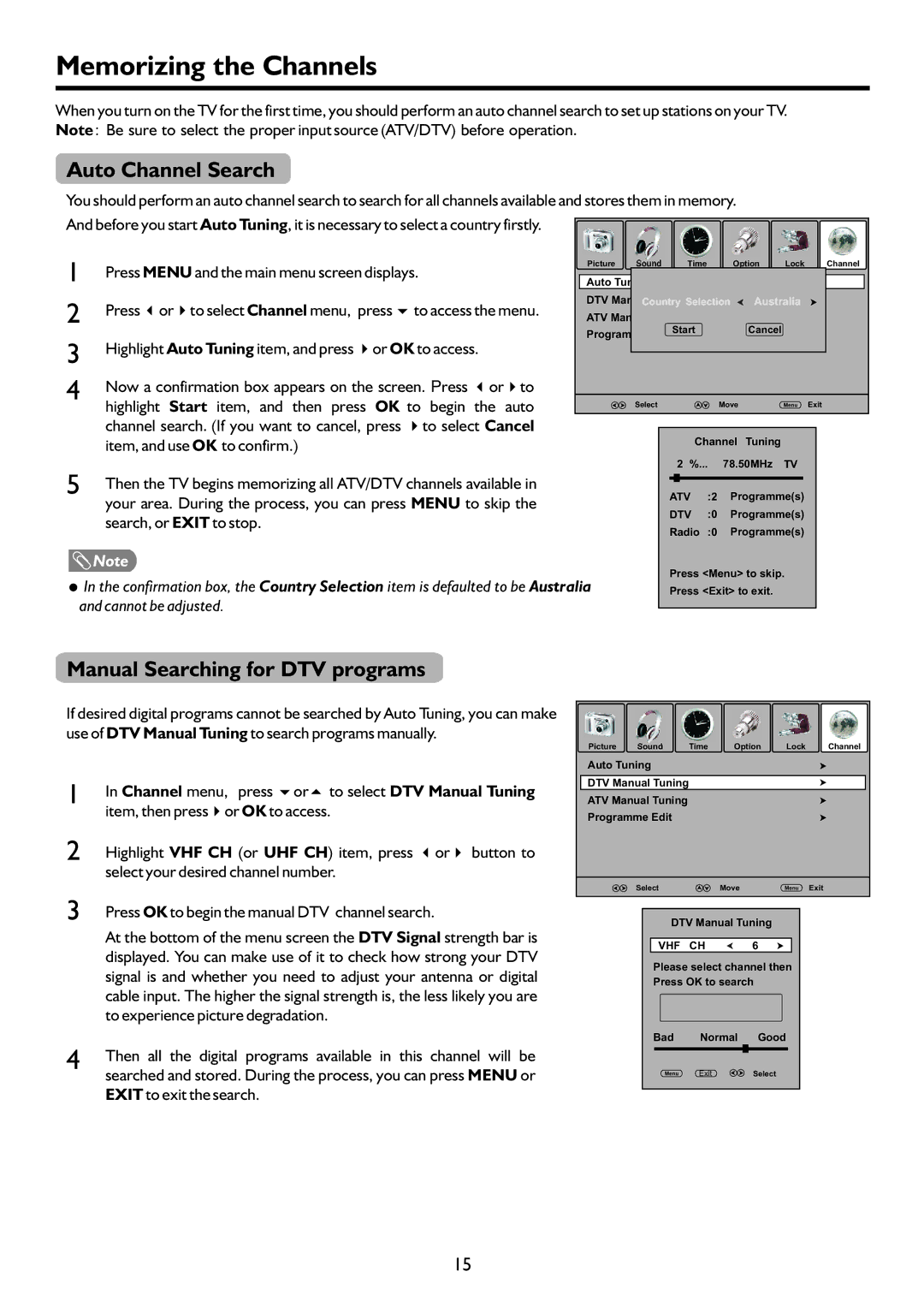 Sanyo LCD-47XR8DA instruction manual Memorizing the Channels, Auto Channel Search, Manual Searching for DTV programs 