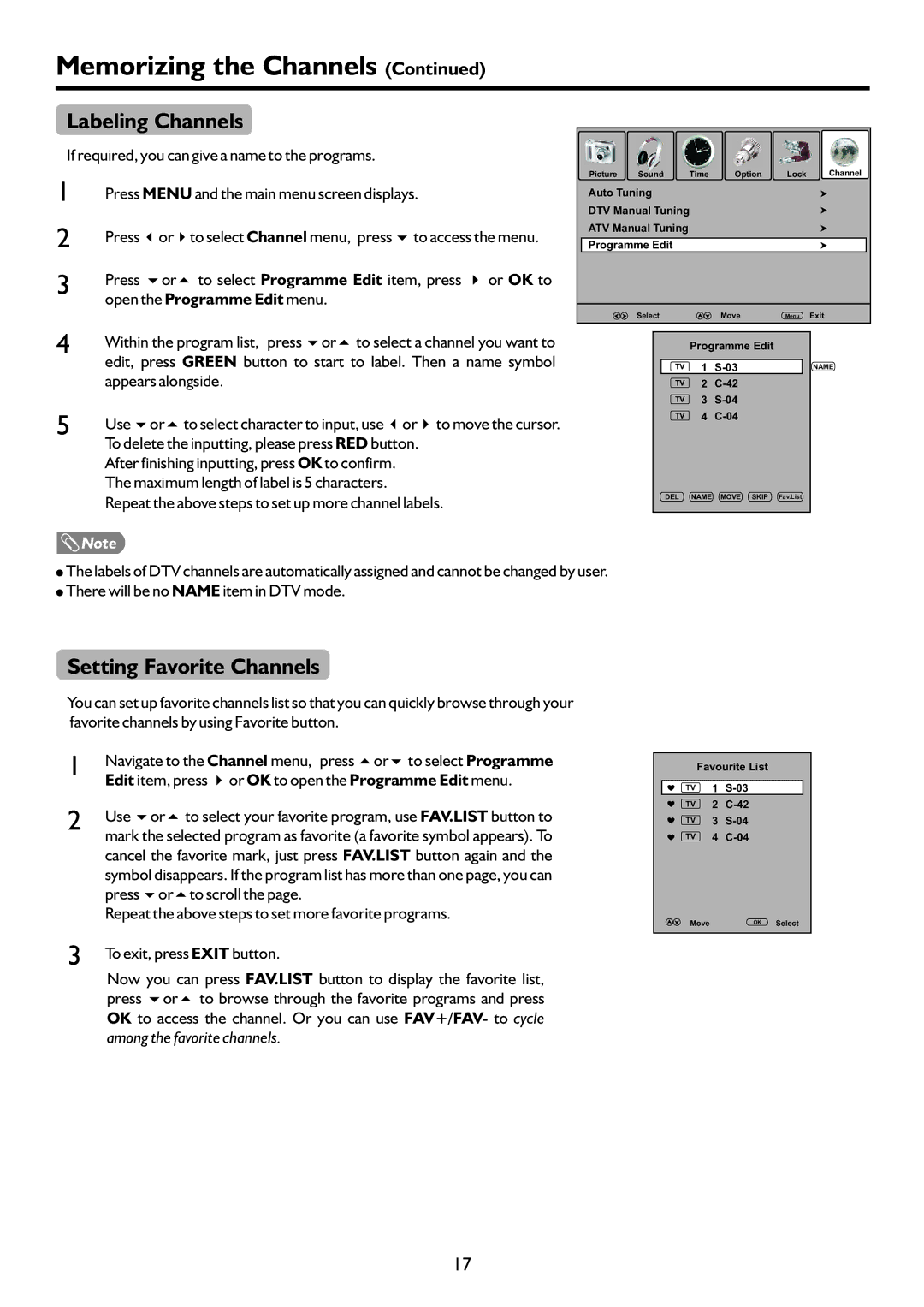 Sanyo LCD-47XR8DA instruction manual Labeling Channels, Setting Favorite Channels, Open the Programme Edit menu 