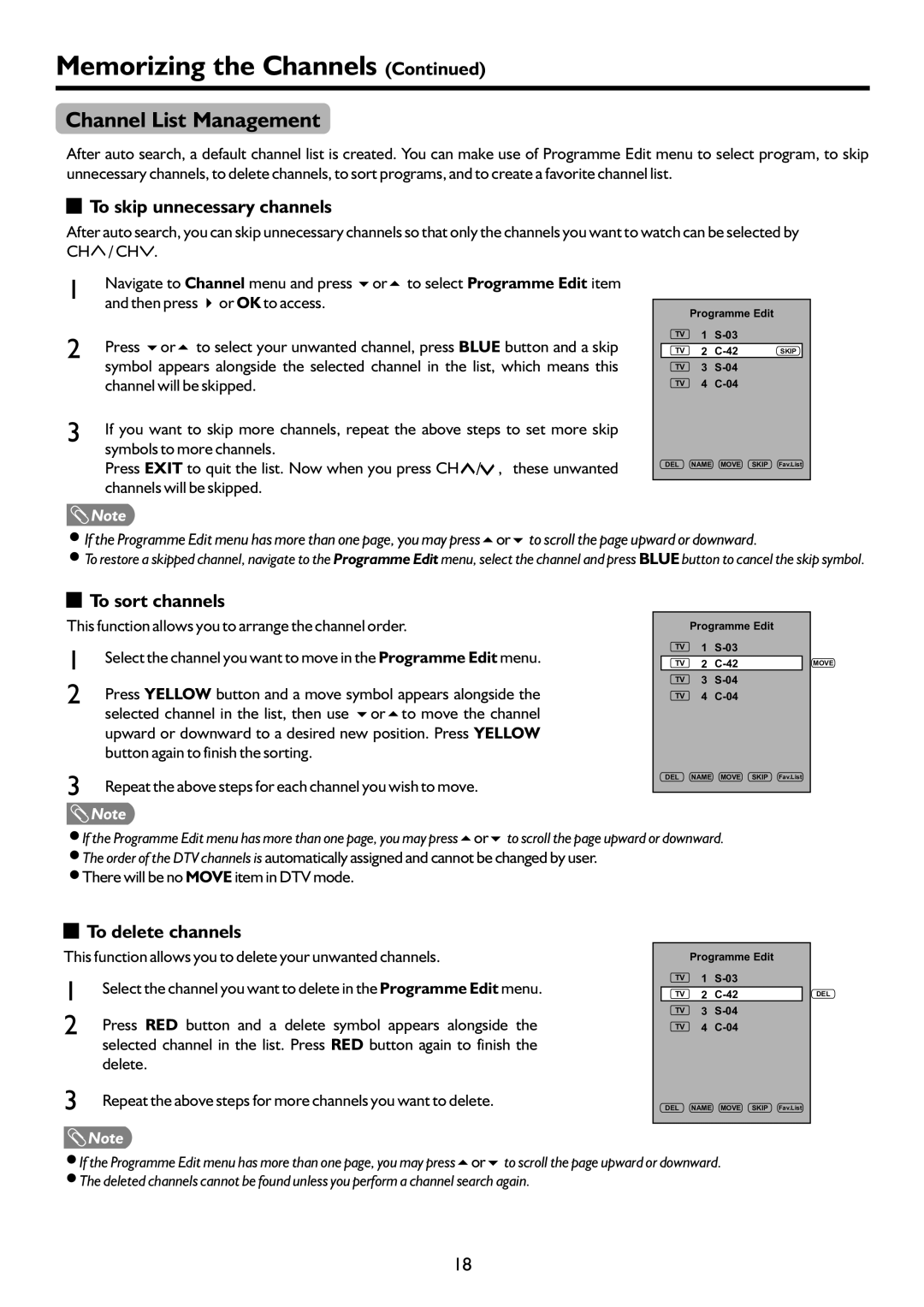 Sanyo LCD-47XR8DA Channel List Management, To skip unnecessary channels, To sort channels, To delete channels 