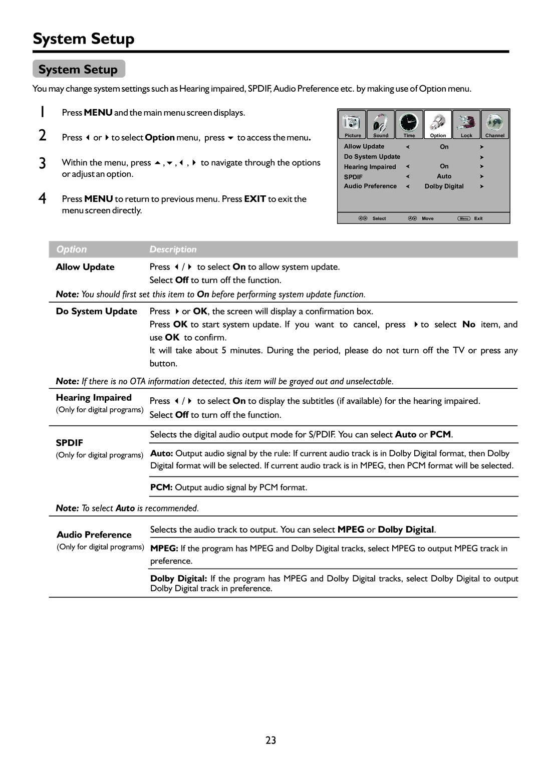 Sanyo LCD-47XR8DA instruction manual System Setup, Or adjust an option, Hearing Impaired, Audio Preference 