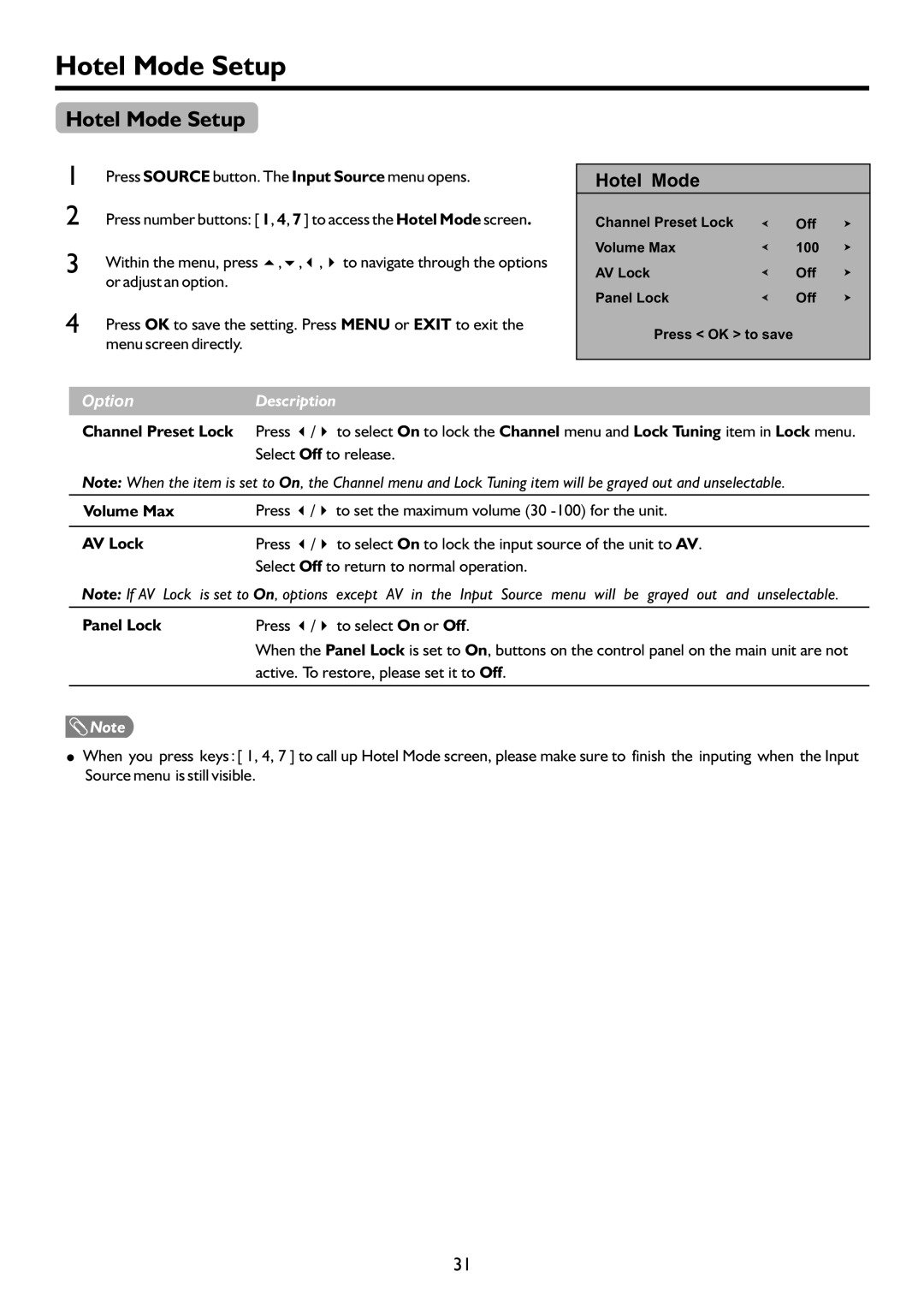 Sanyo LCD-47XR8DA instruction manual Hotel Mode Setup 