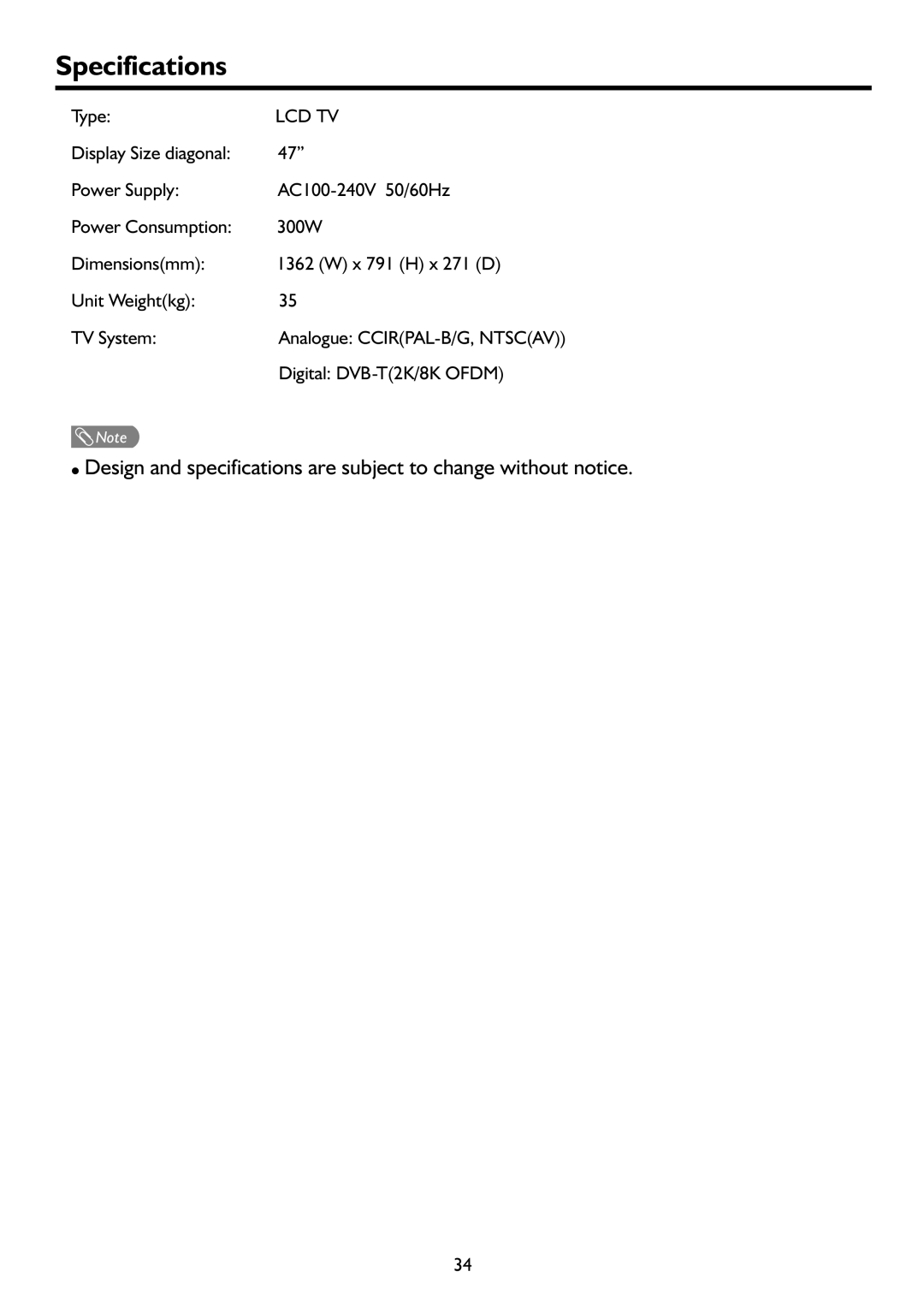 Sanyo LCD-47XR8DA instruction manual Specifications, Lcd Tv 