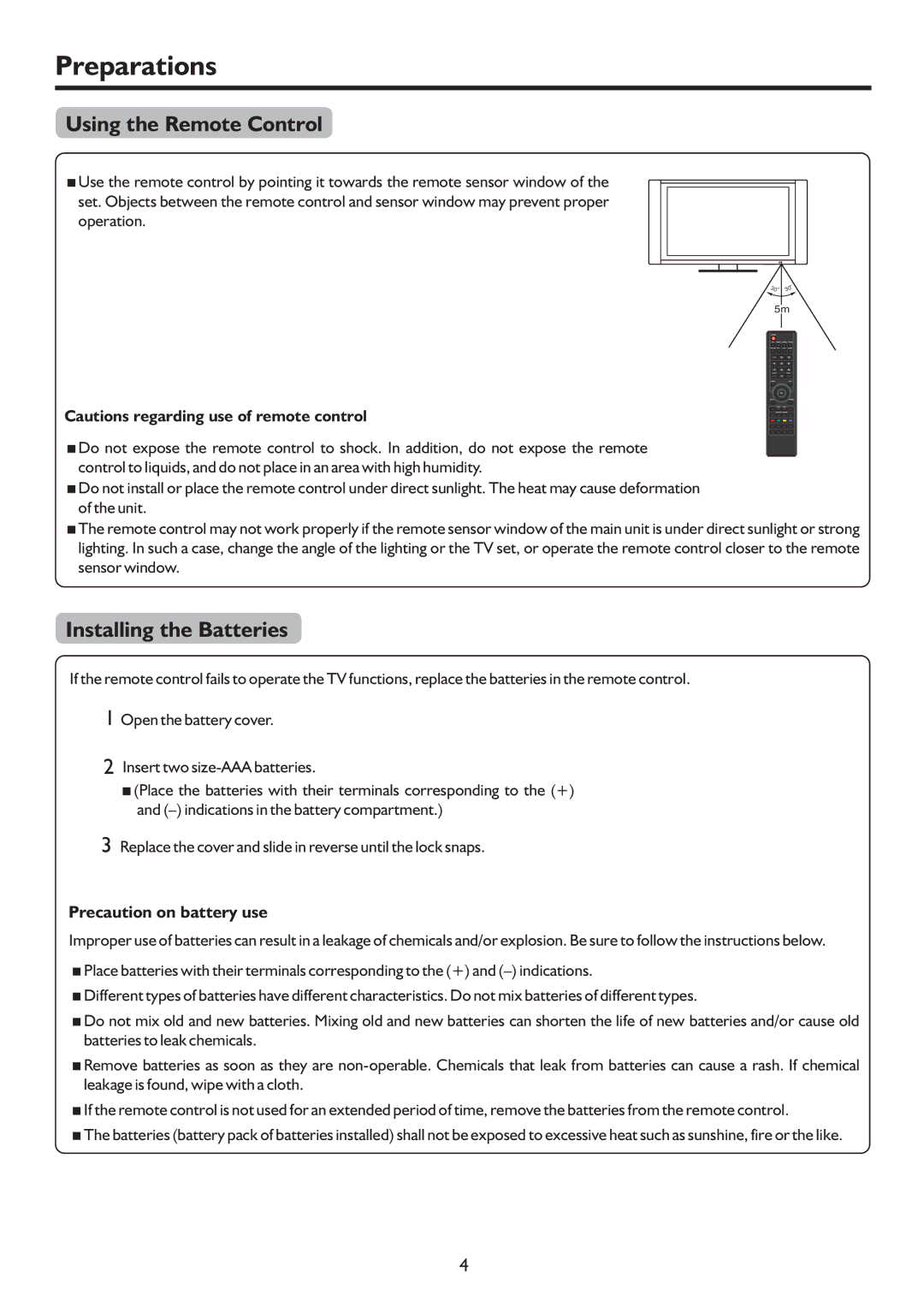 Sanyo LCD-47XR8DA instruction manual Preparations, Using the Remote Control, Installing the Batteries 