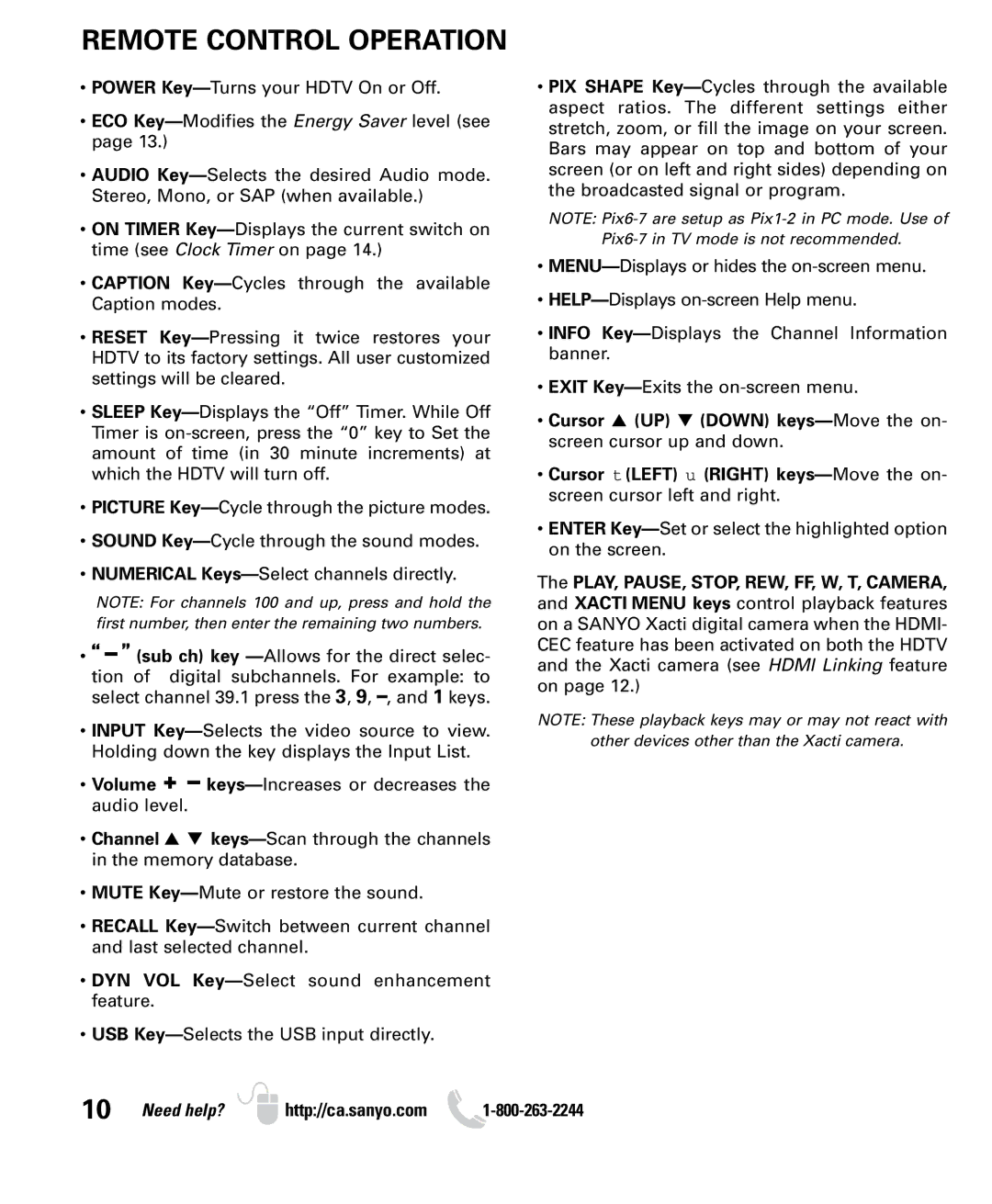 Sanyo LCD55L4 instruction manual Remote Control Operation 