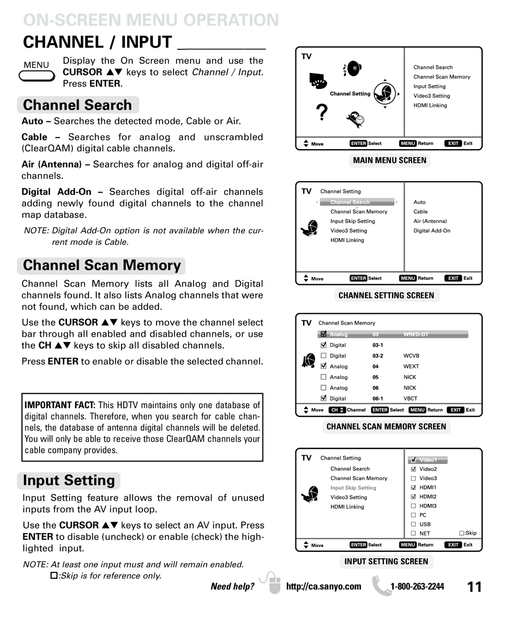 Sanyo LCD55L4 instruction manual ON-SCREEN Menu Operation, Channel Search, Channel Scan Memory, Input Setting 