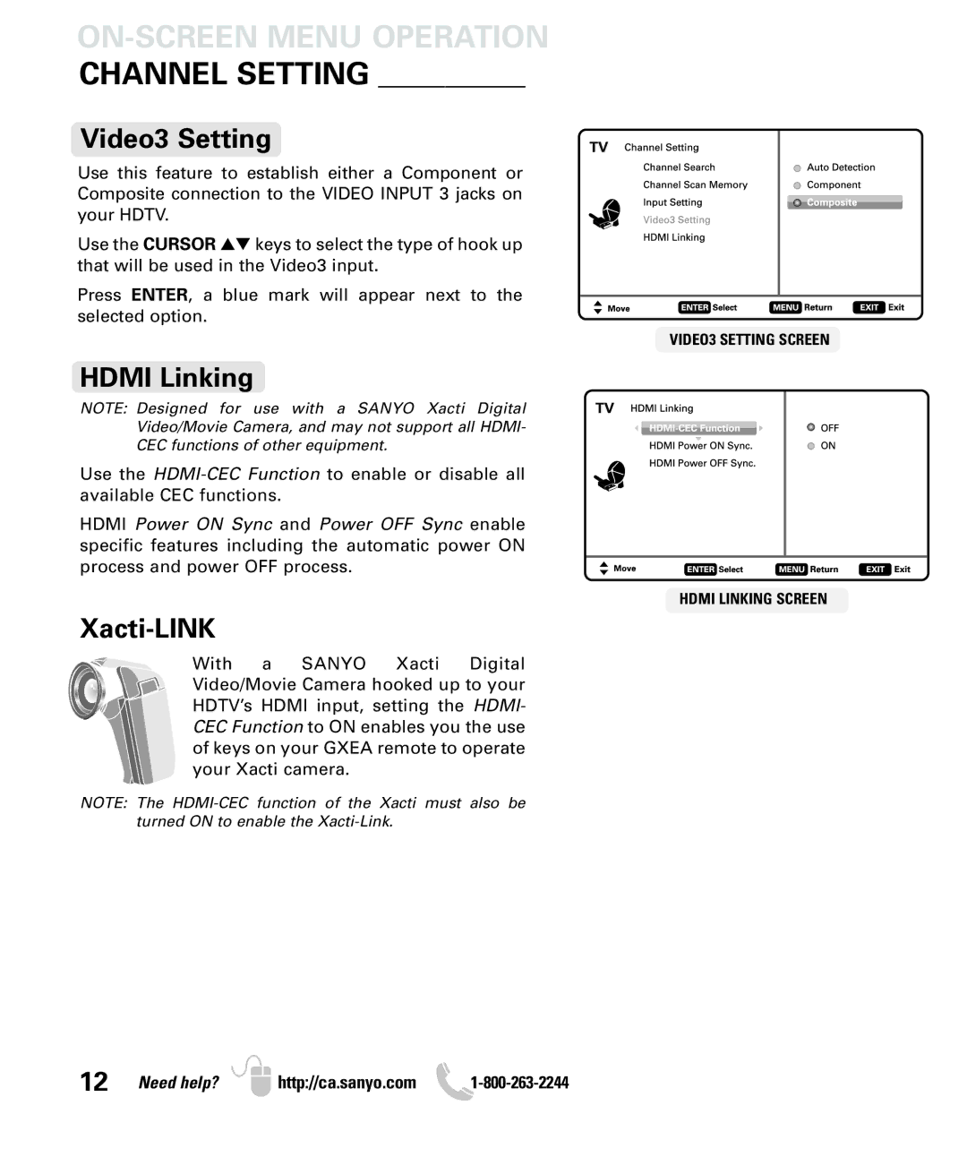 Sanyo LCD55L4 instruction manual Video3 Setting, Hdmi Linking, Xacti-LINK 