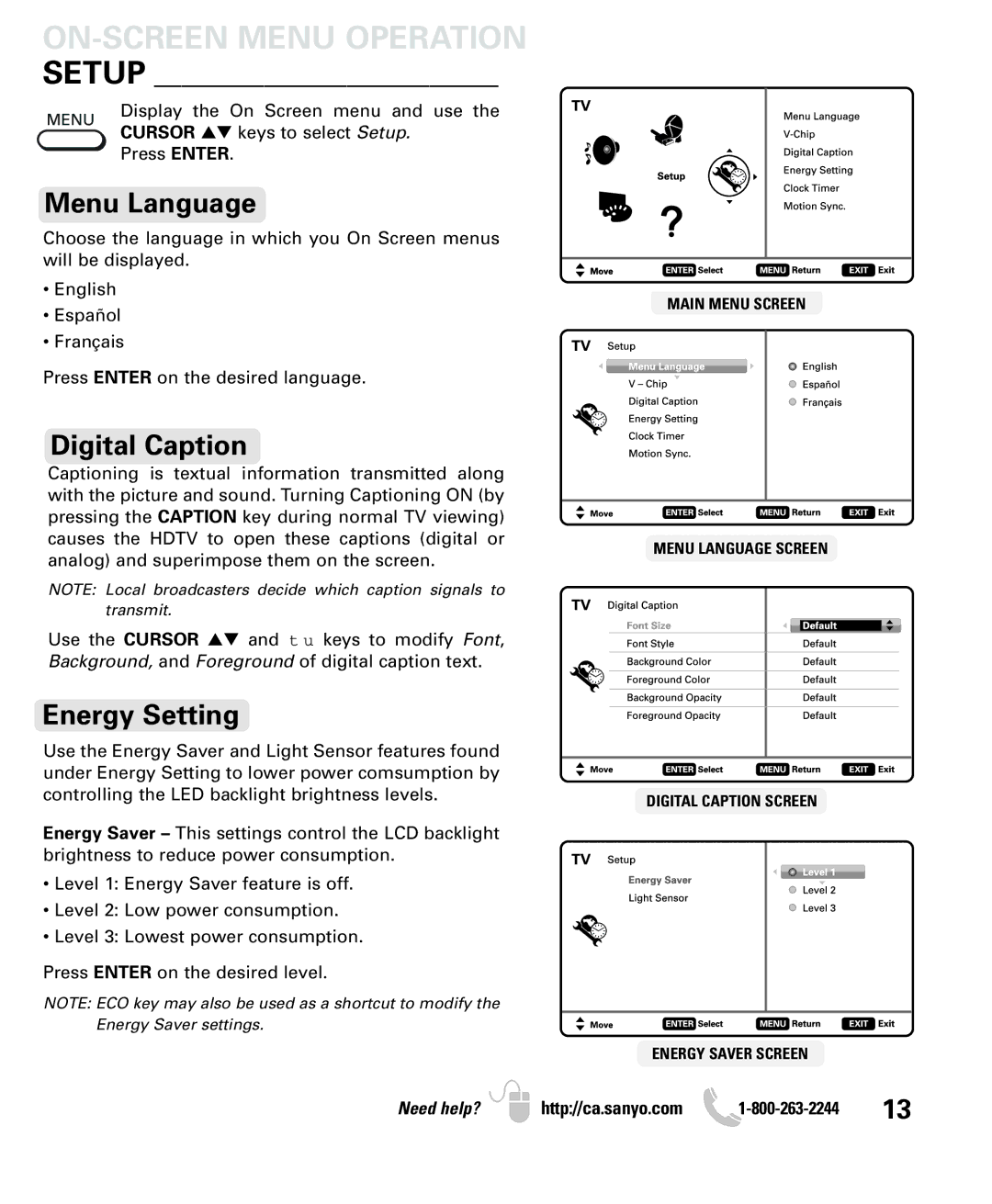 Sanyo LCD55L4 instruction manual Menu Language, Digital Caption, Energy Setting 