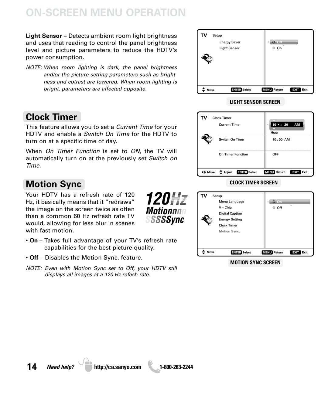 Sanyo LCD55L4 instruction manual Clock Timer, Motion Sync 