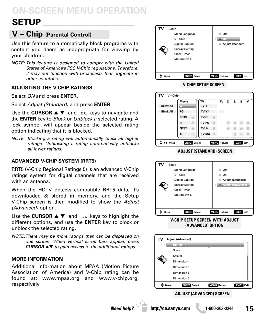 Sanyo LCD55L4 instruction manual Setup, Chip Parental Control 